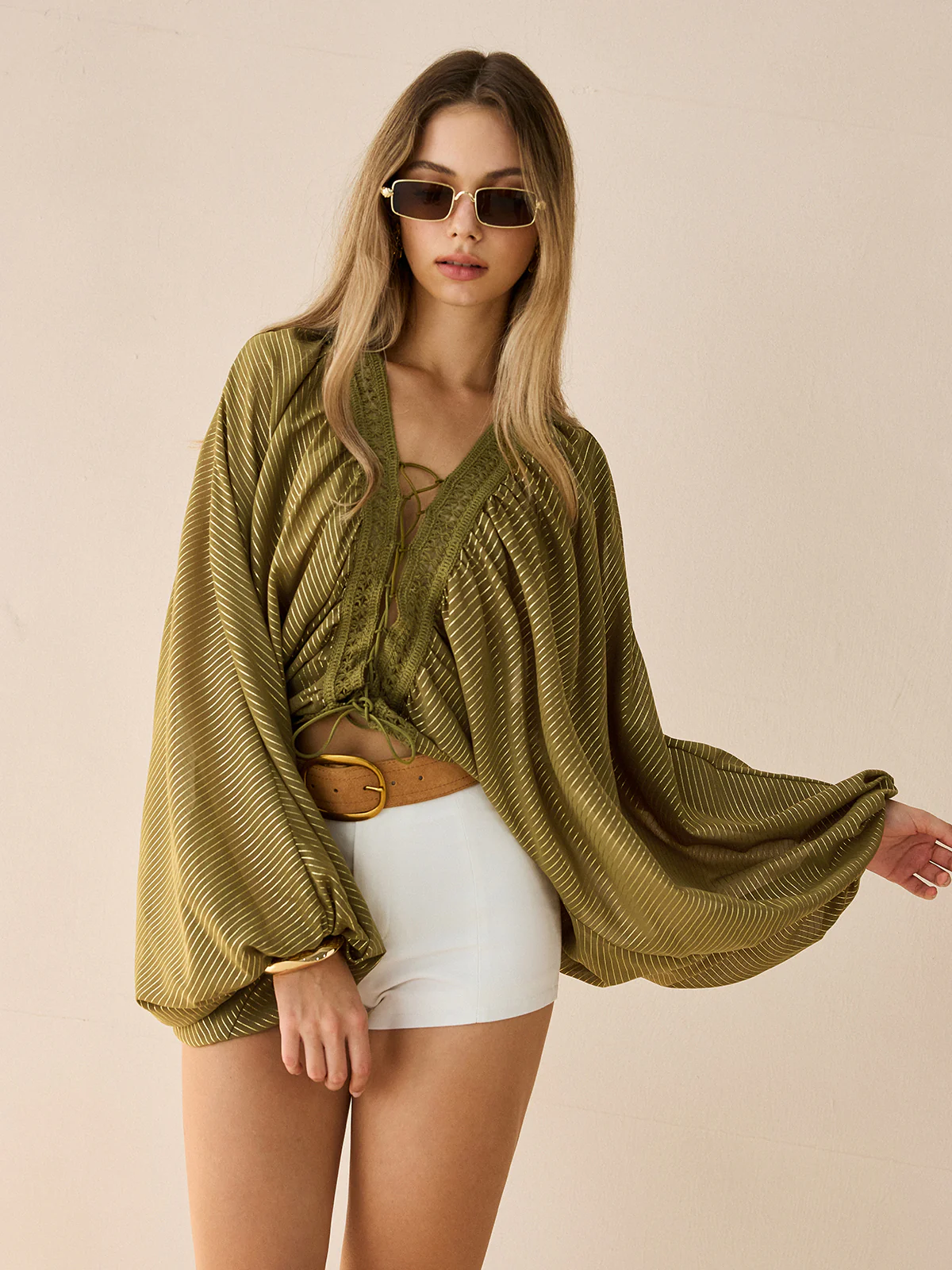 Semi-Sheer Striped Lace-Up Blouse with Batwing Sleeves - Wholesalesil