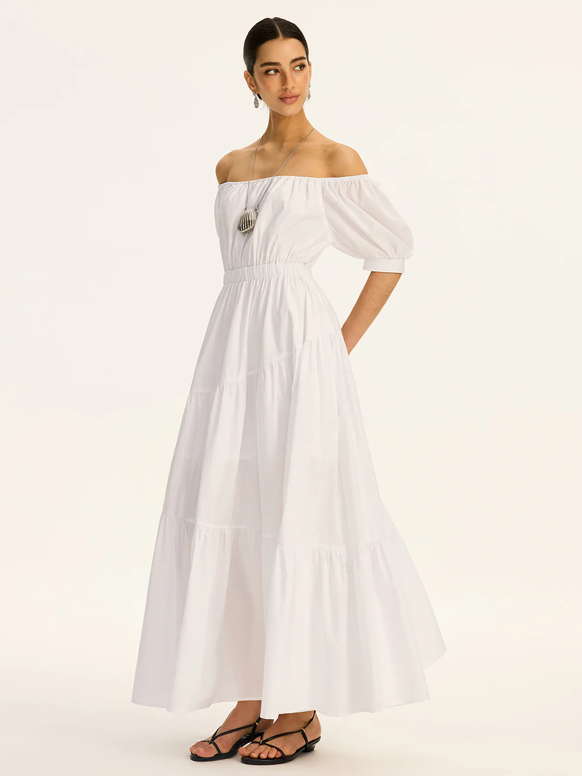 Cotton Off-Shoulder Short-Sleeve Maxi Dress - Wholesalesil