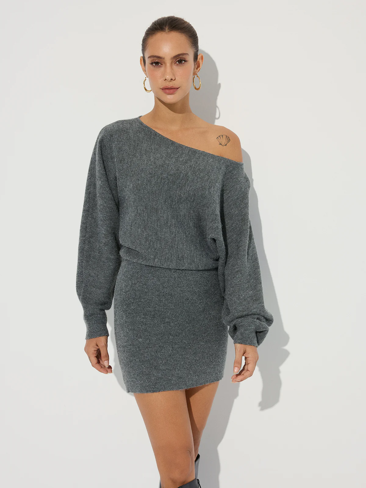 Asymmetric Off-Shoulder Knit Mini Dress - Wholesalesil