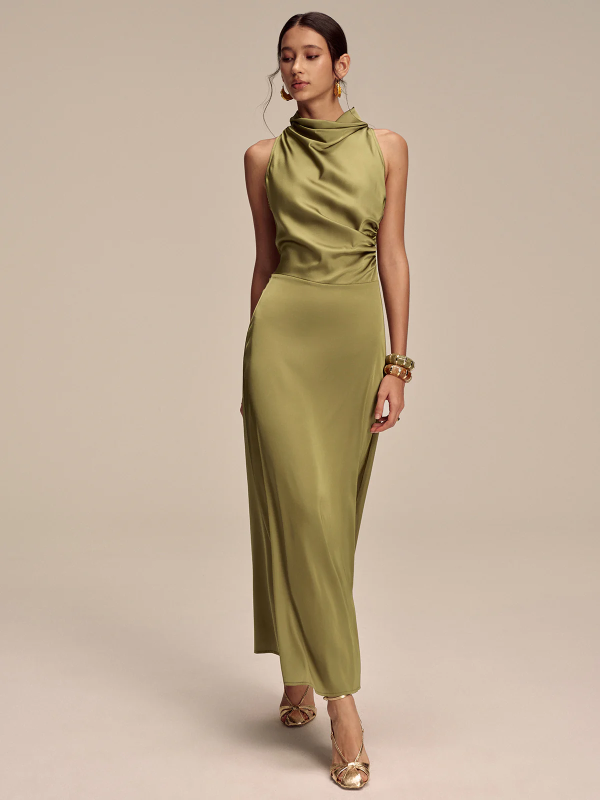 Satin Mock Neck Sleeveless Maxi Dress - Wholesalesil
