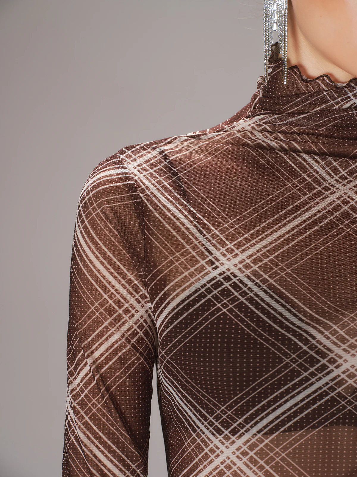 Turtleneck Sheer Mesh Plaid Long Sleeve Top - Wholesalesil