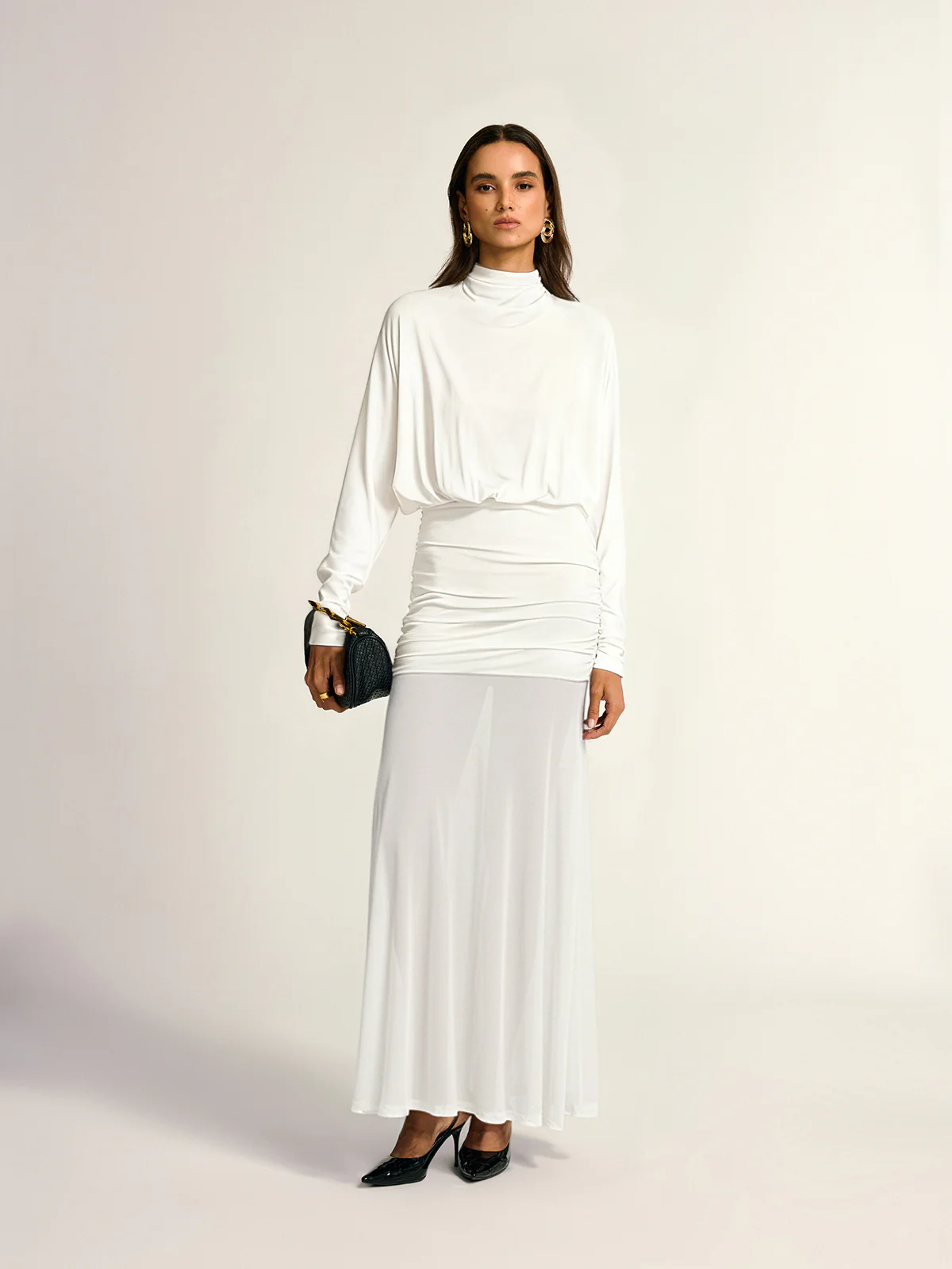 Turtleneck Long Sleeve Drape Ruched Mesh Dress - Wholesalesil