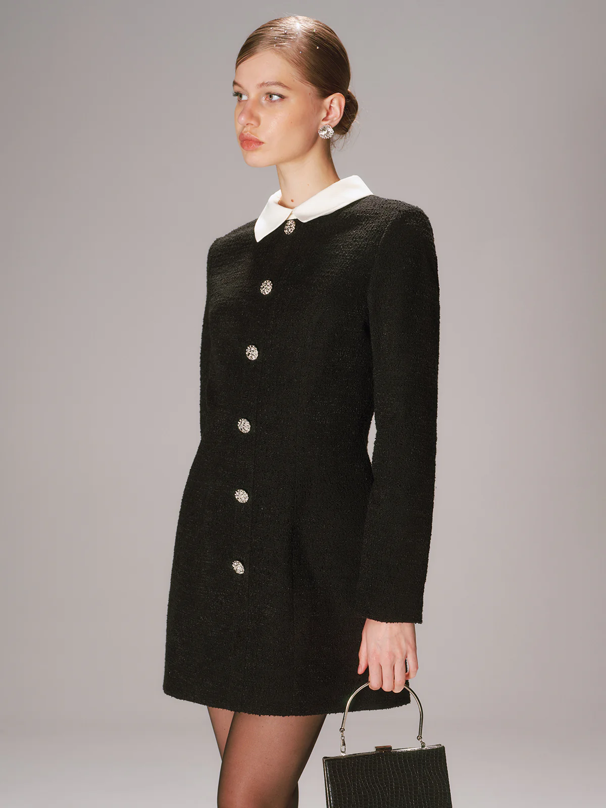 Contrast Collar Tweed Mini Dress - Wholesalesil