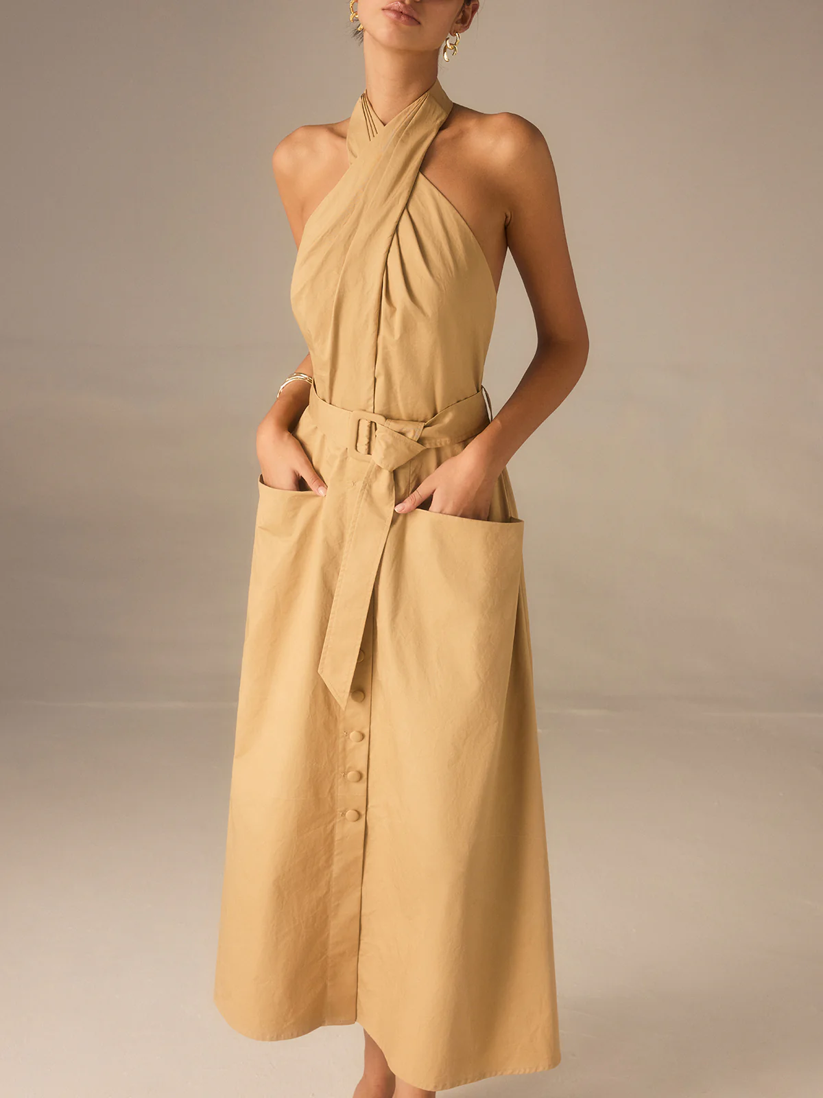 Cotton Pleated Halter Neck Belted Midi Dress - Wholesalesil