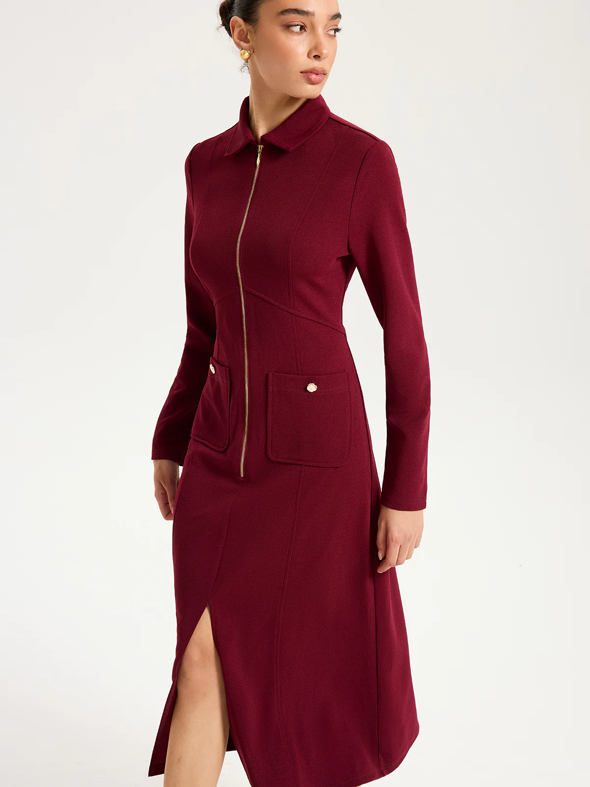 Collared Zipper Slit Midi Dress - Wholesalesil