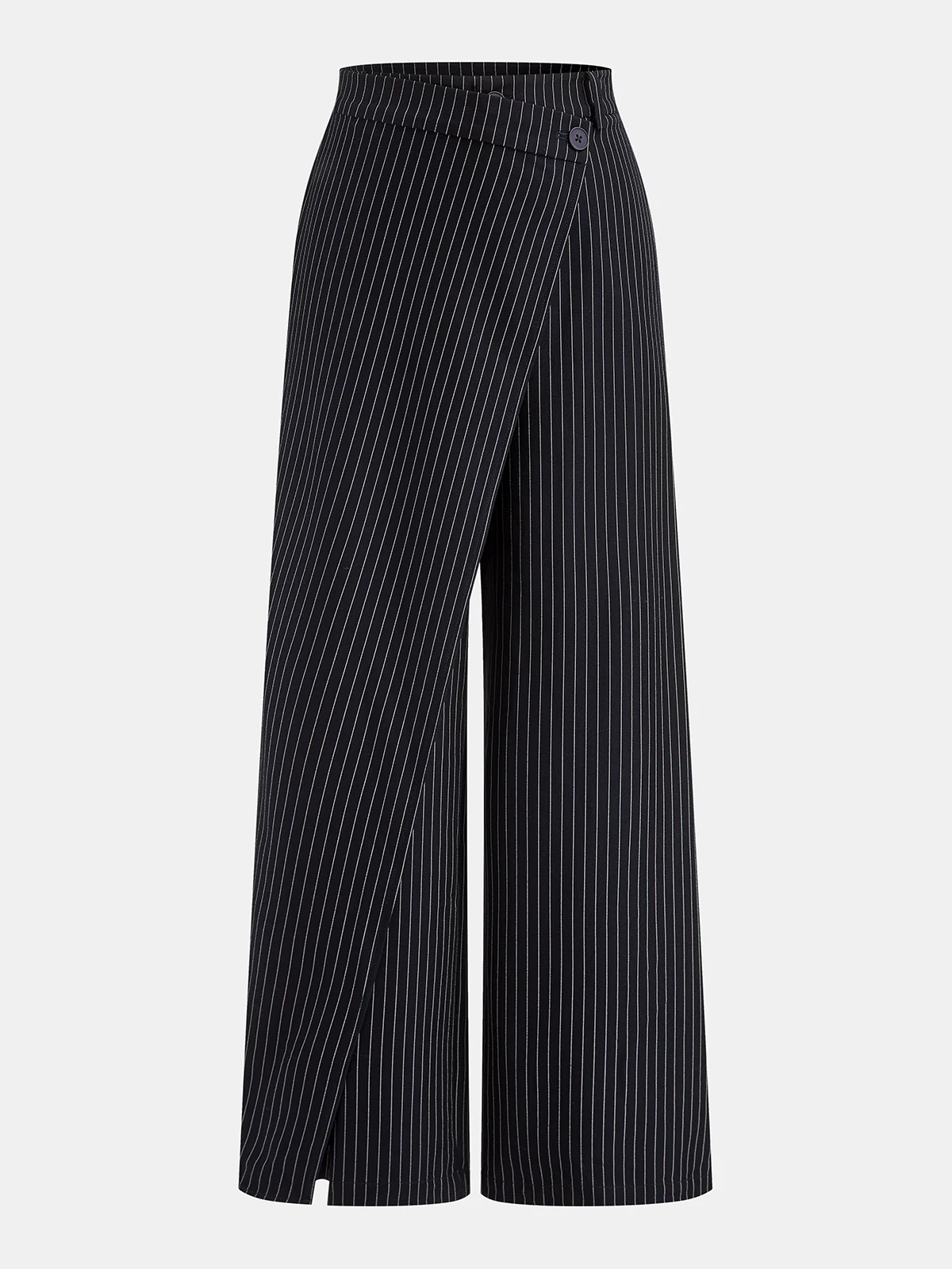 Wide-Leg Pinstriped Asymmetric Placket Pants - Wholesalesil