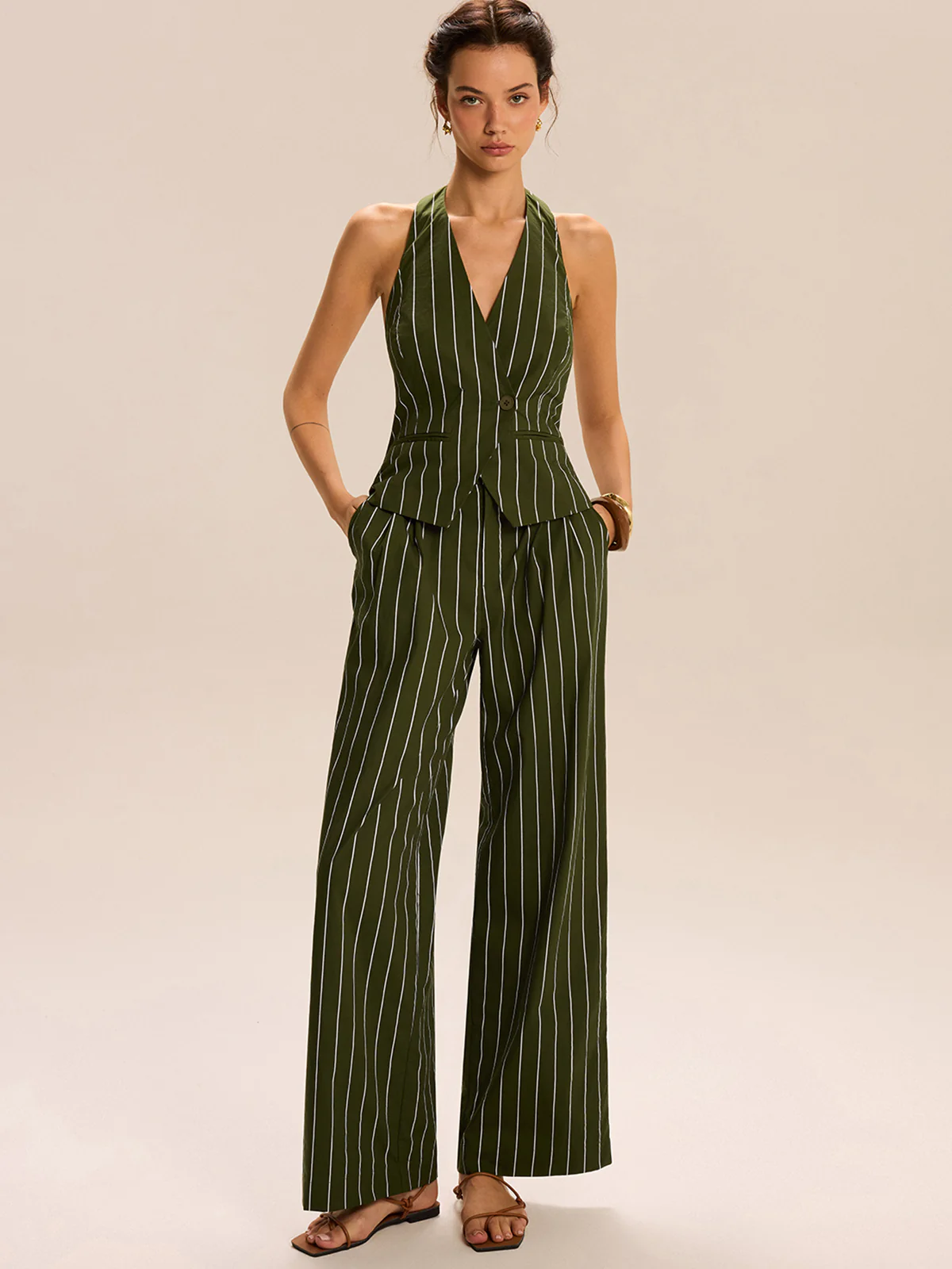 Striped Halter-Neck Vest and Wide-Leg Pants Set - Wholesalesil