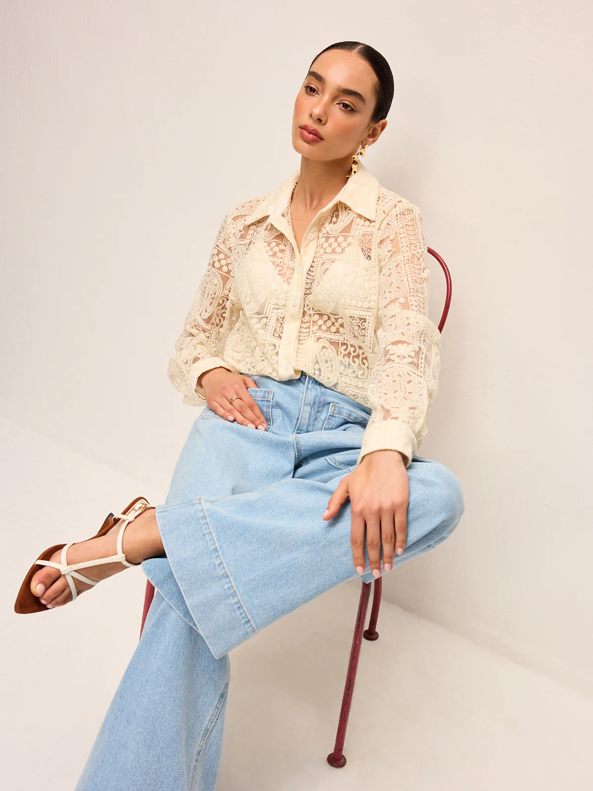 Long-Sleeve Lace Polo Collar Cotton-Blend Shirt - Wholesalesil