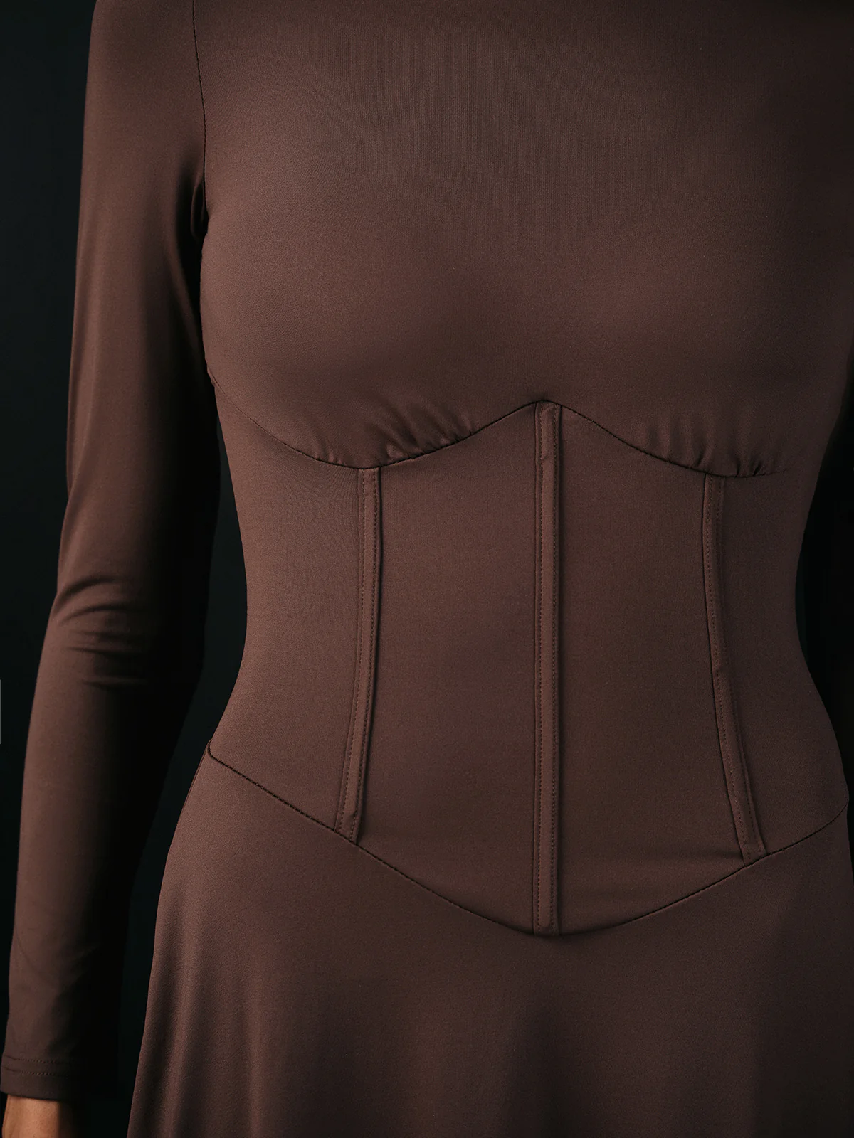 Mock Neck Corset Waist Long Sleeve Maxi Dress - Wholesalesil