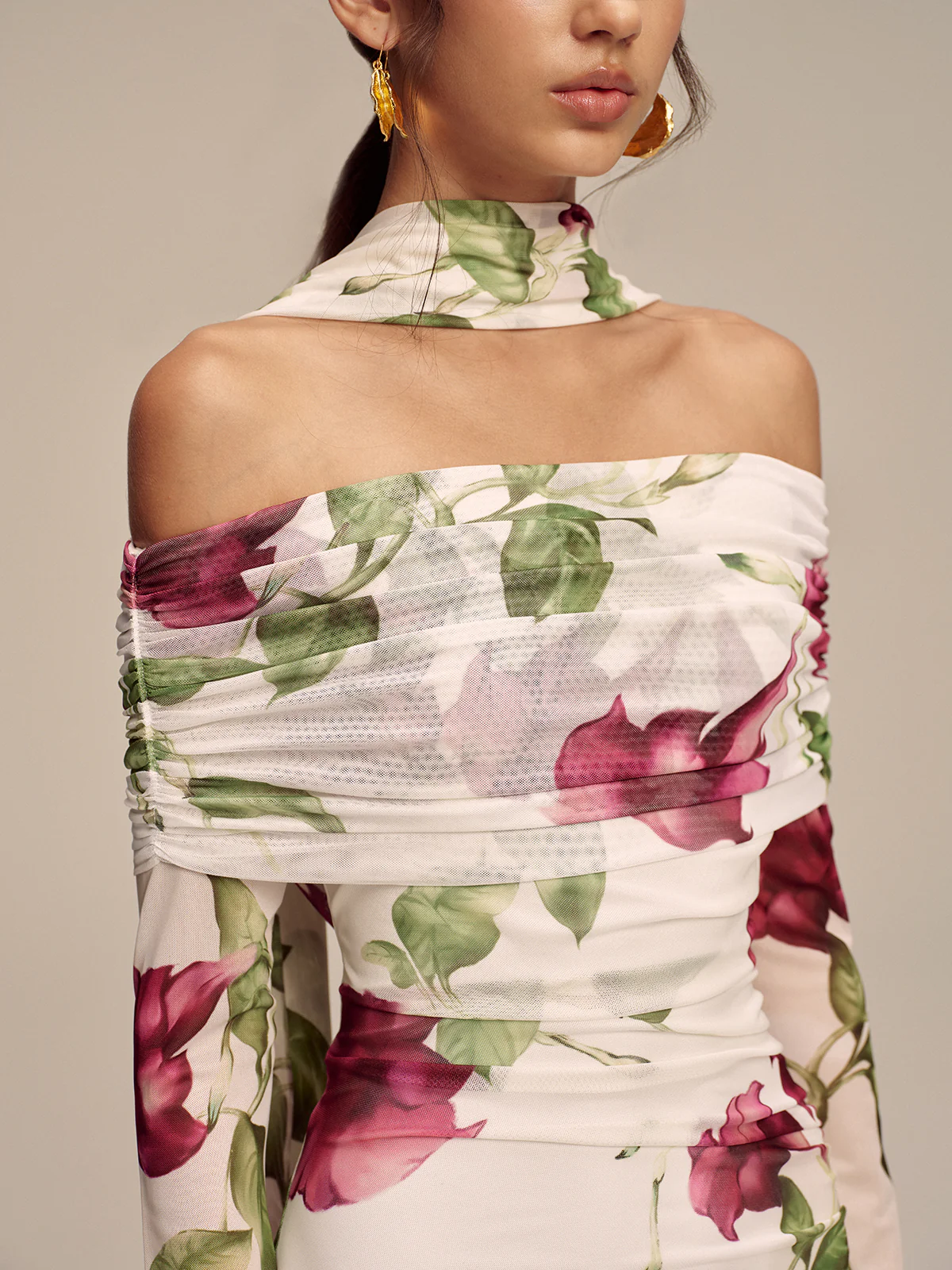 Floral Print Off-Shoulder Mesh Maxi Dress with Scarf Detail - Wholesalesil
