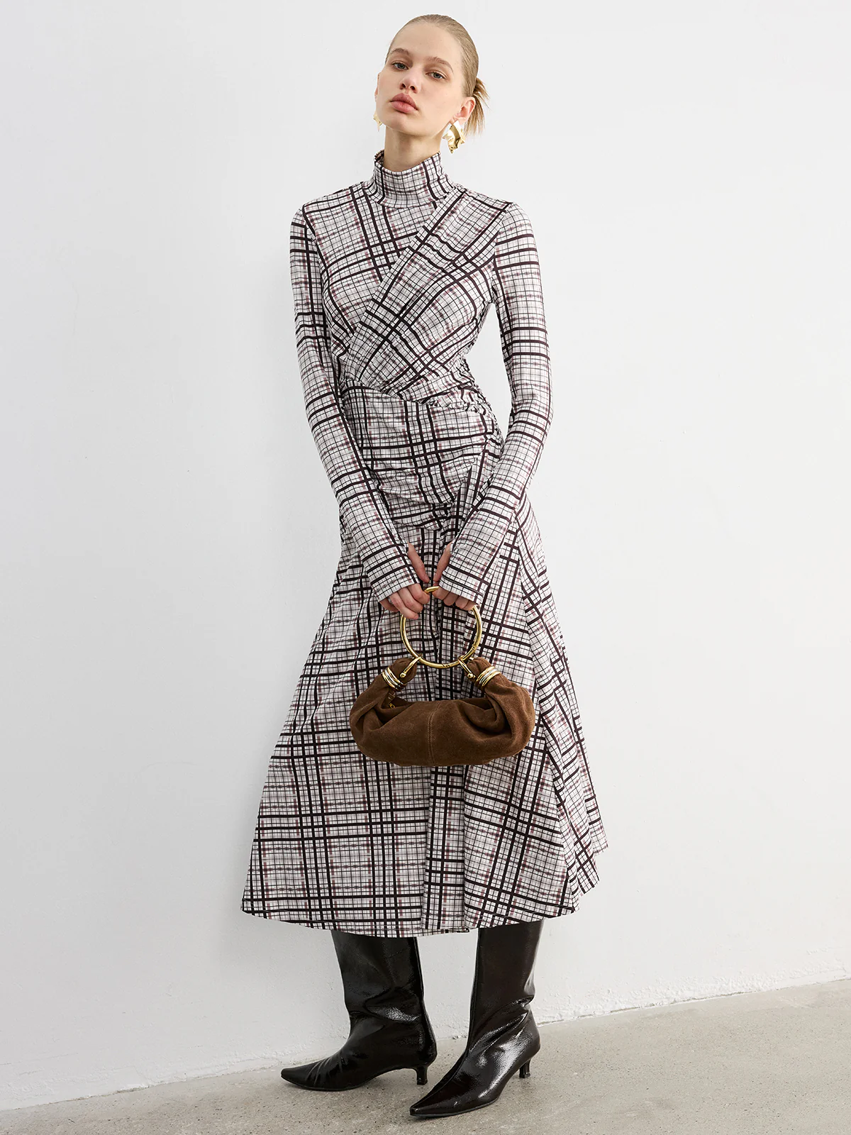 Checked Long-Sleeve Mock Neck Maxi Dress - Wholesalesil