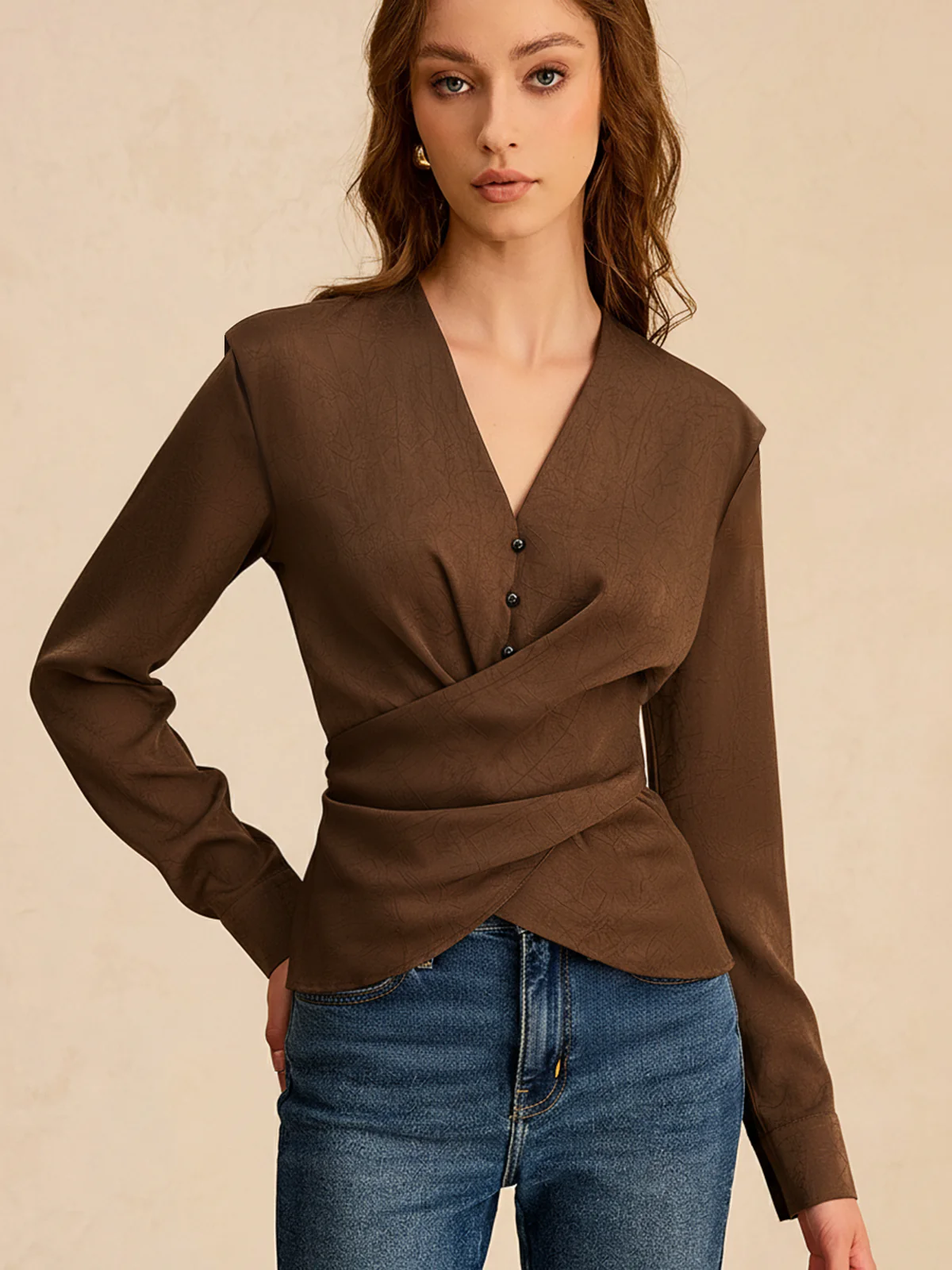 Satin V-Neck Cross-Front Blouse - Wholesalesil