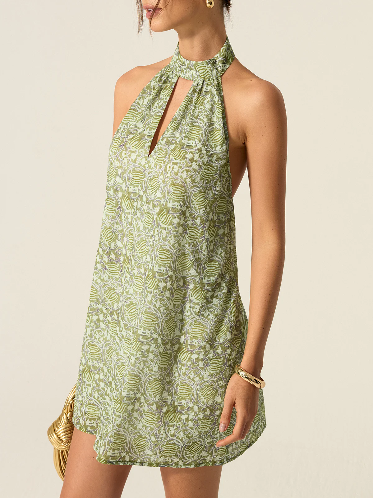 Halter Neck Cut-Out Printed Mini Dress - Wholesalesil