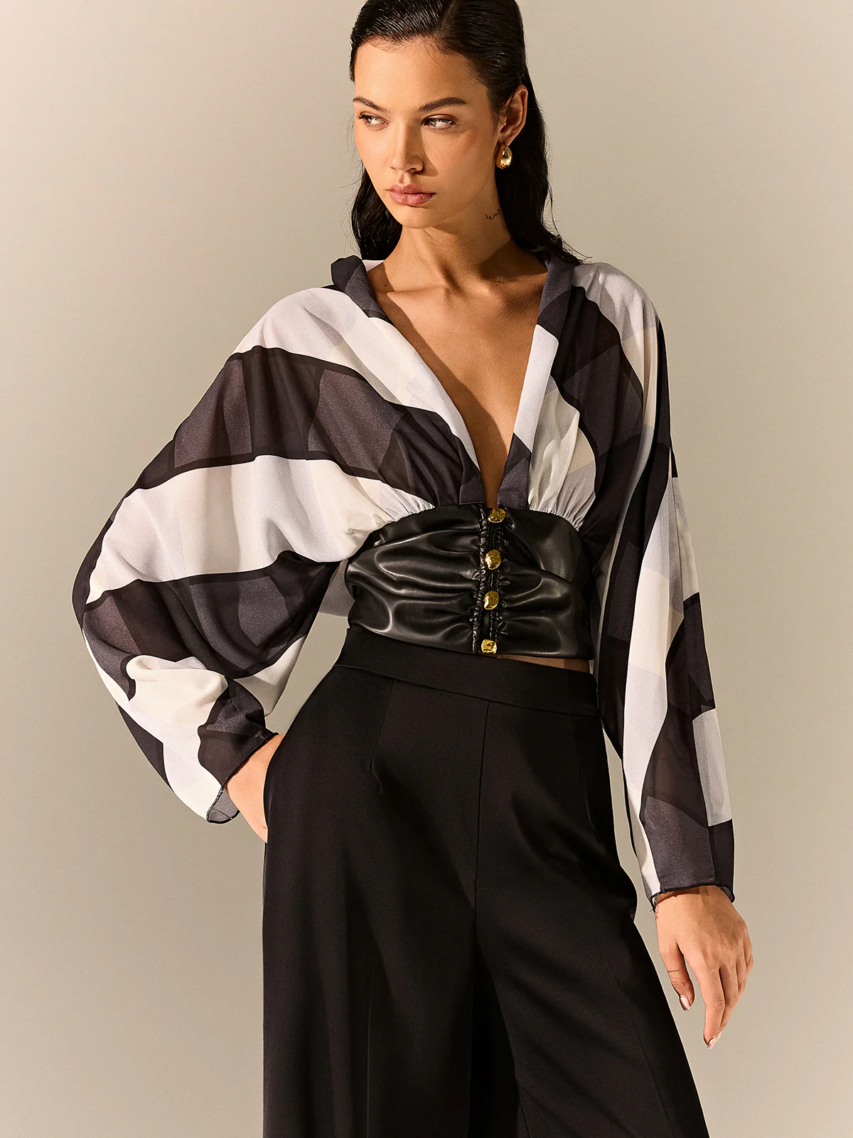 Semi-Sheer Striped Panel Faux Leather Top - Wholesalesil
