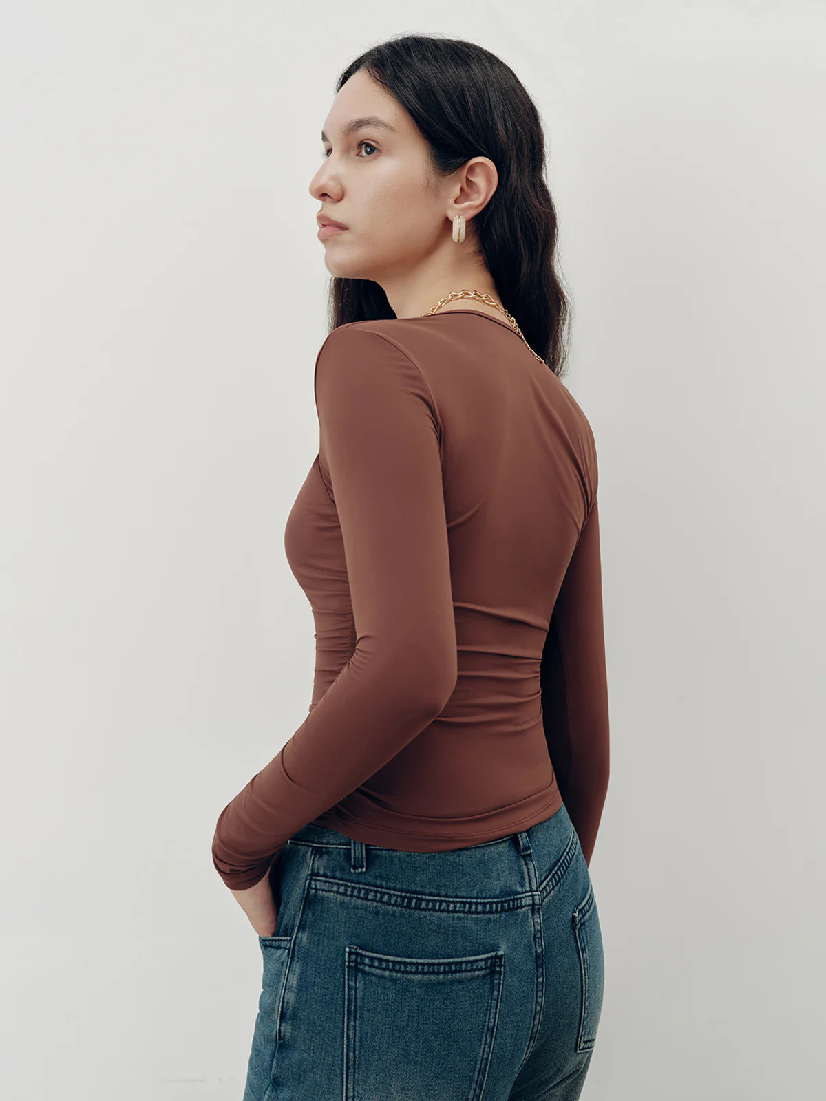 Square-Neck Ruched Long Sleeve Top - Wholesalesil