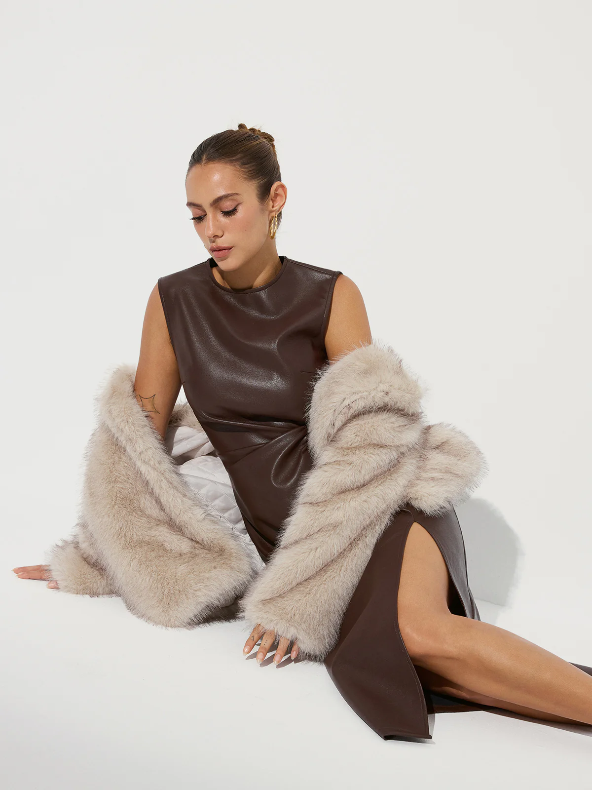 Twisted Faux Leather Sleeveless Slit Midi Dress - Wholesalesil