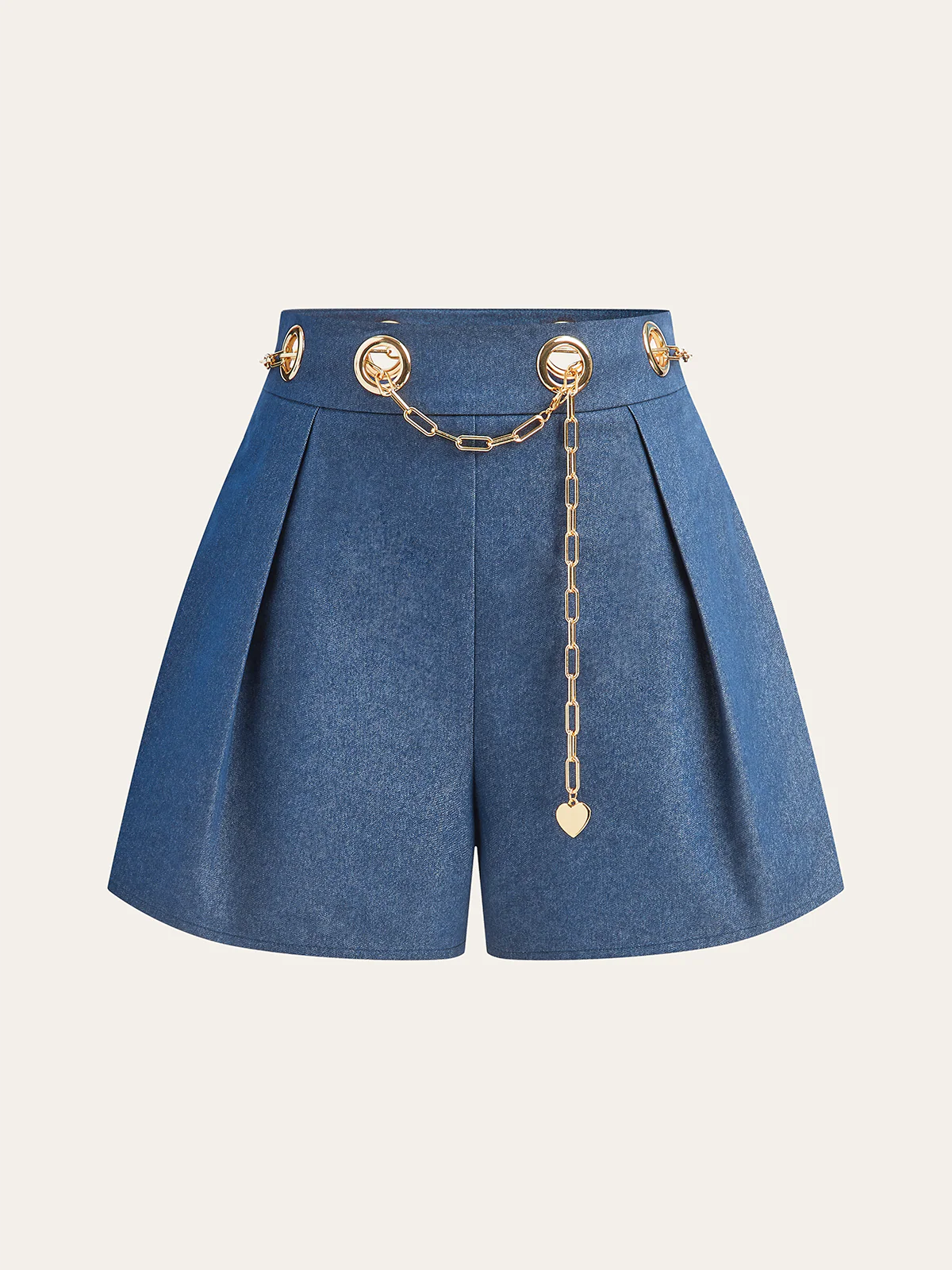 Faux Denim Shorts with Metal Chain Belt - Wholesalesil