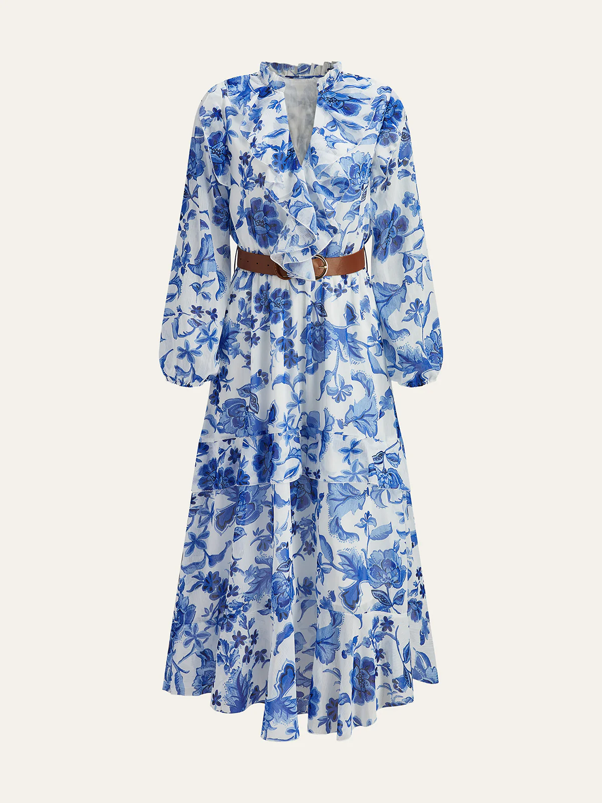 Belted Ruffled Floral Print Maxi Dress - Wholesalesil