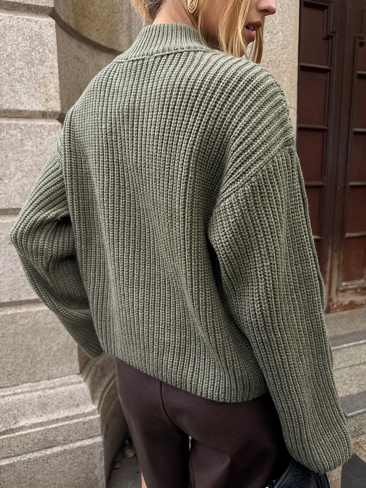 Mock Neck Button-Detail Sleeve Sweater - Wholesalesil