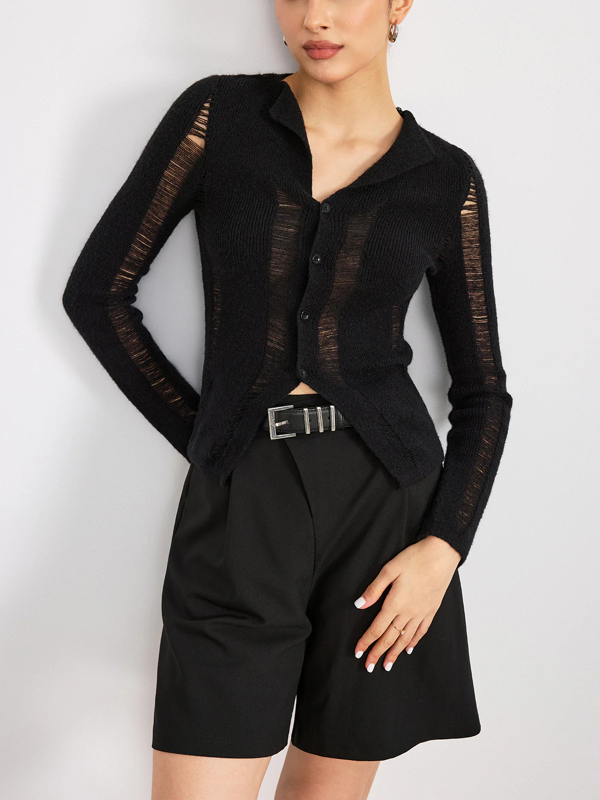 Sheer Panel Button Front Lapel Blouse - Wholesalesil