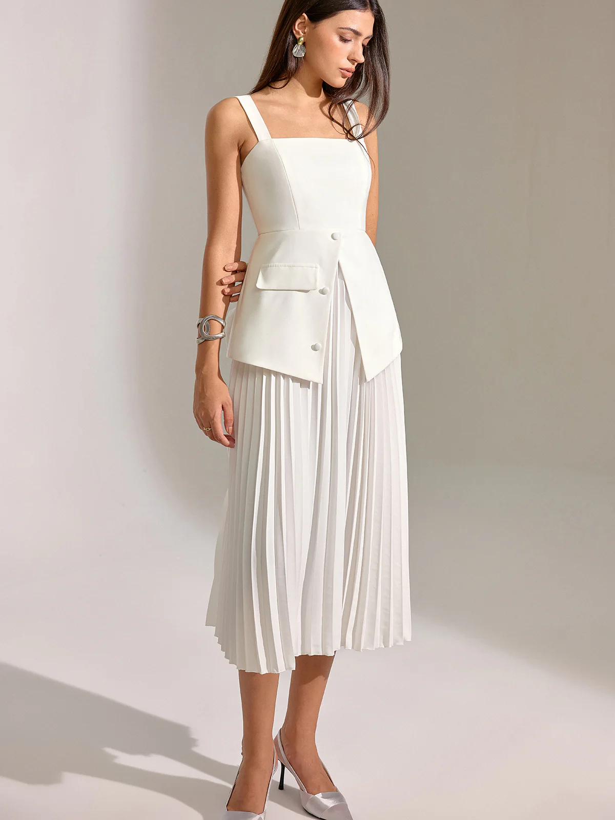 Square Neck Vest Panel Pleated Maxi Dress - Wholesalesil