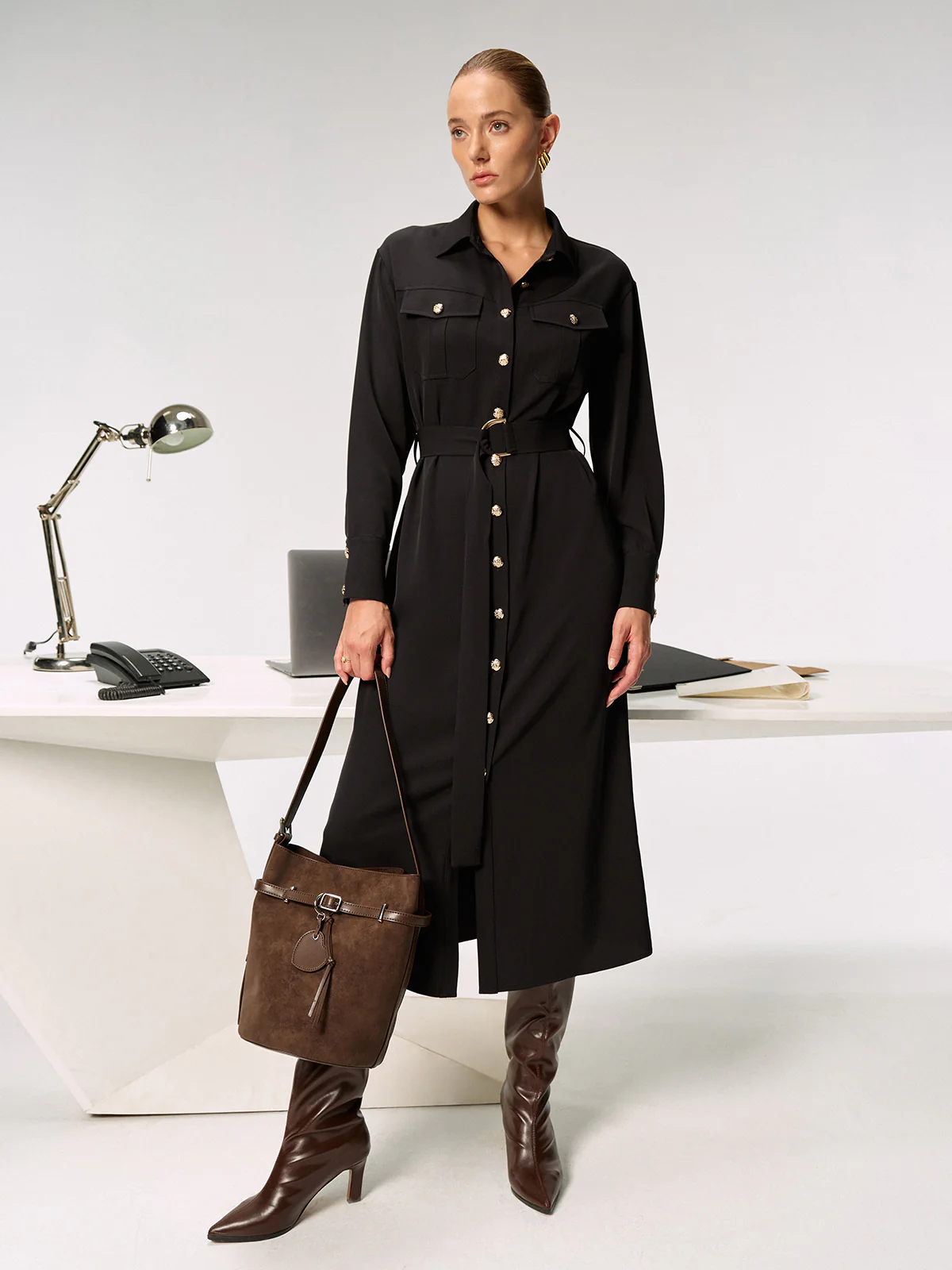 Metal Button-Front Belted Shirt Dress - Wholesalesil