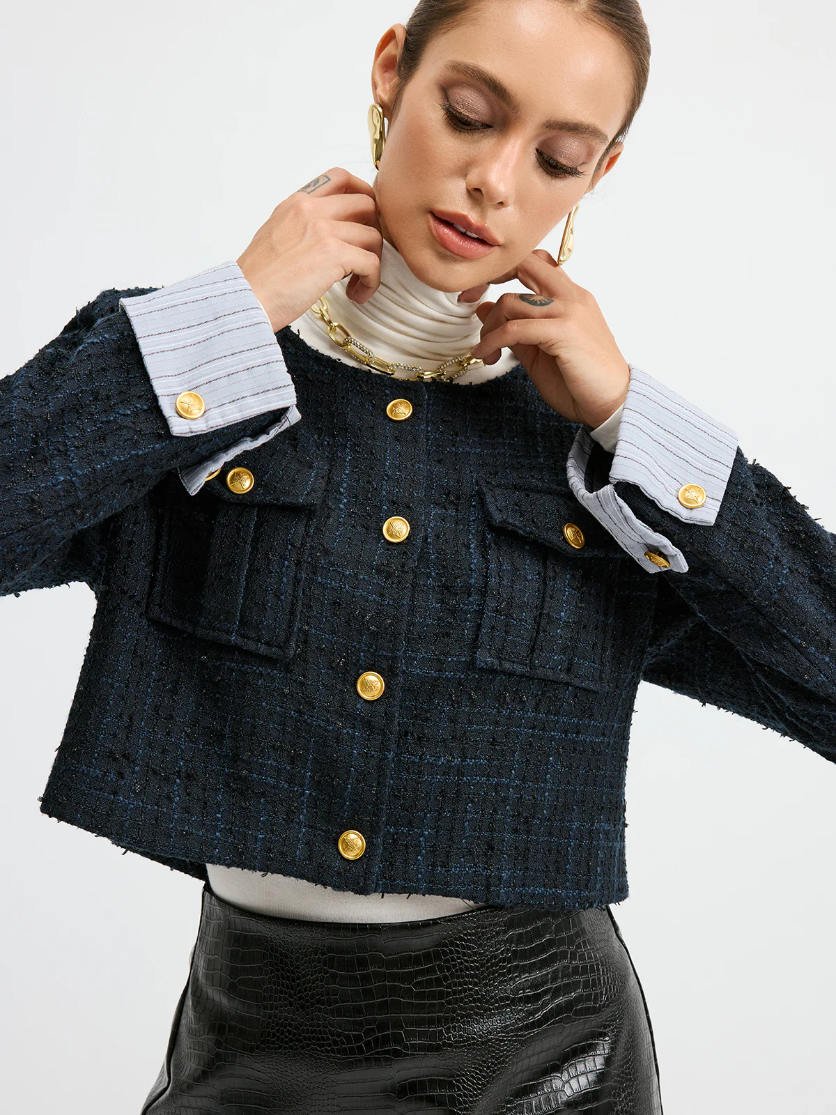 Tweed Cuffed-Sleeve Cropped Wool Blend Jacket - Wholesalesil
