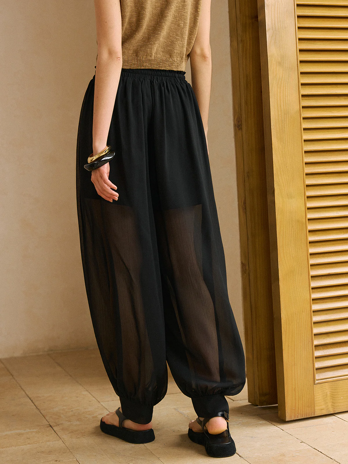 Sheer Chiffon Pants with Elastic Waist and Ankle Cuffs - Wholesalesil