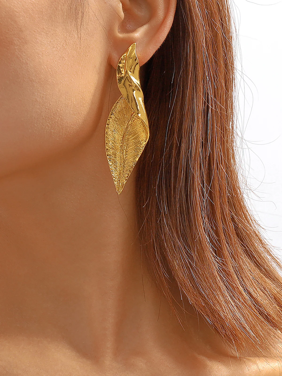 Golden Leaf-Shaped Drop Earrings - Wholesalesil