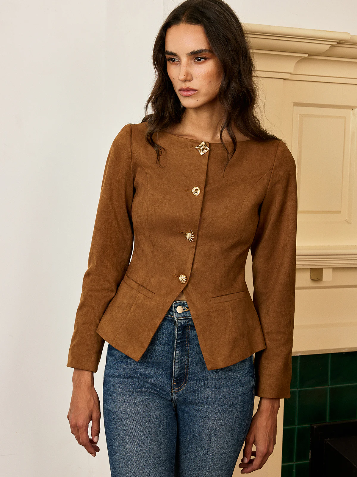 Suede Effect Fitted Metal Button Jacket - Wholesalesil