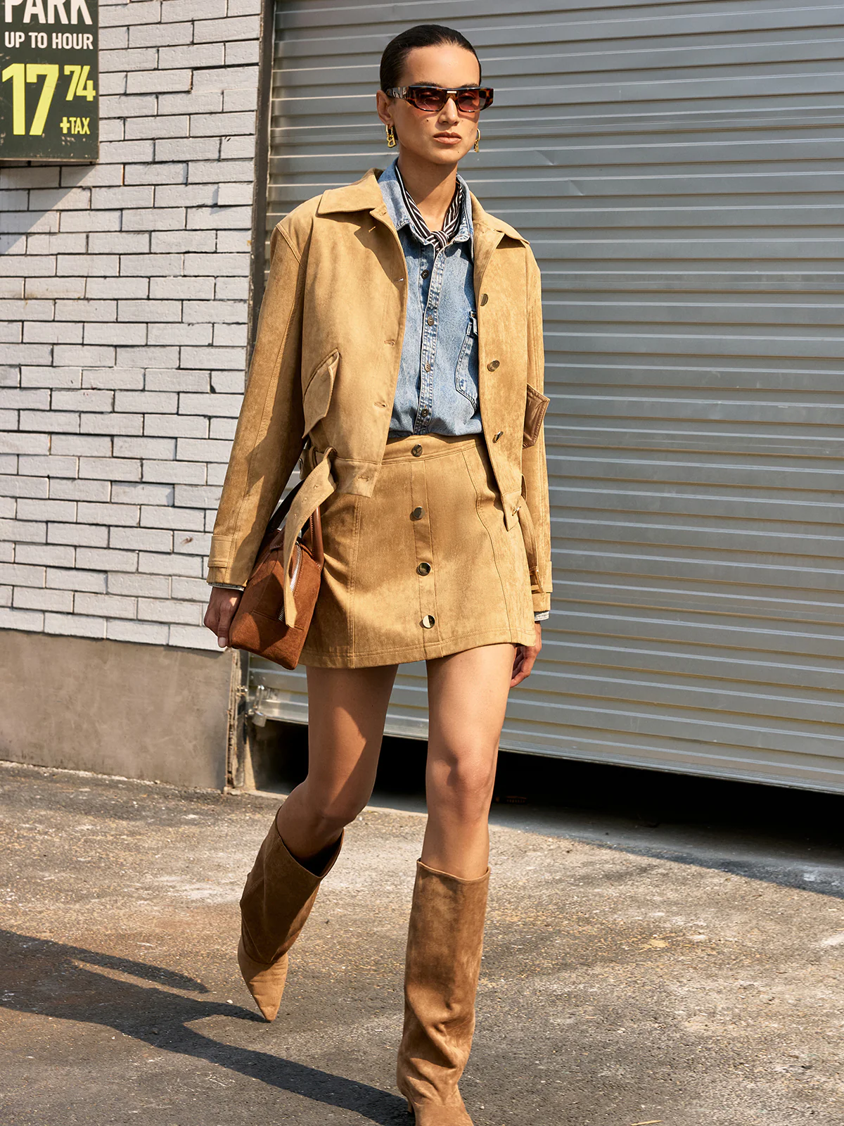 Belted Collared Suede Effect Jacket - Wholesalesil