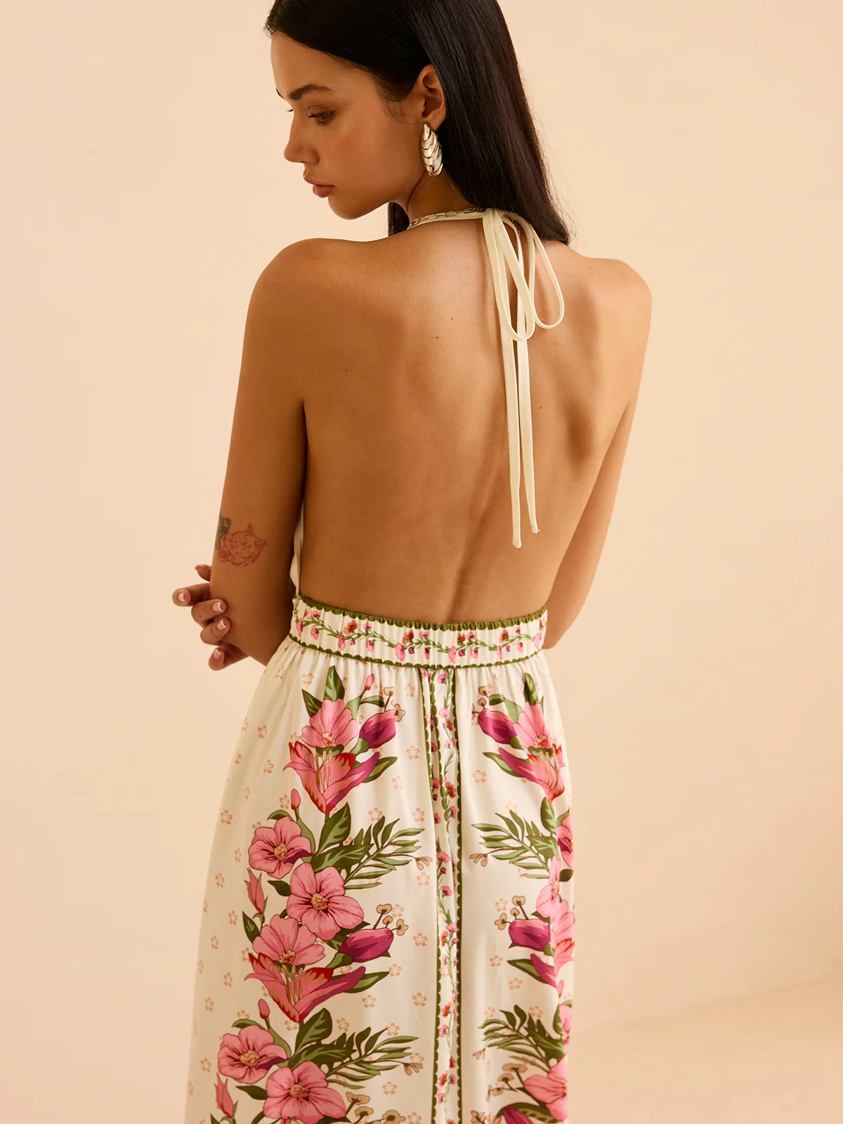 Floral Print Halter Backless Maxi Dress - Wholesalesil