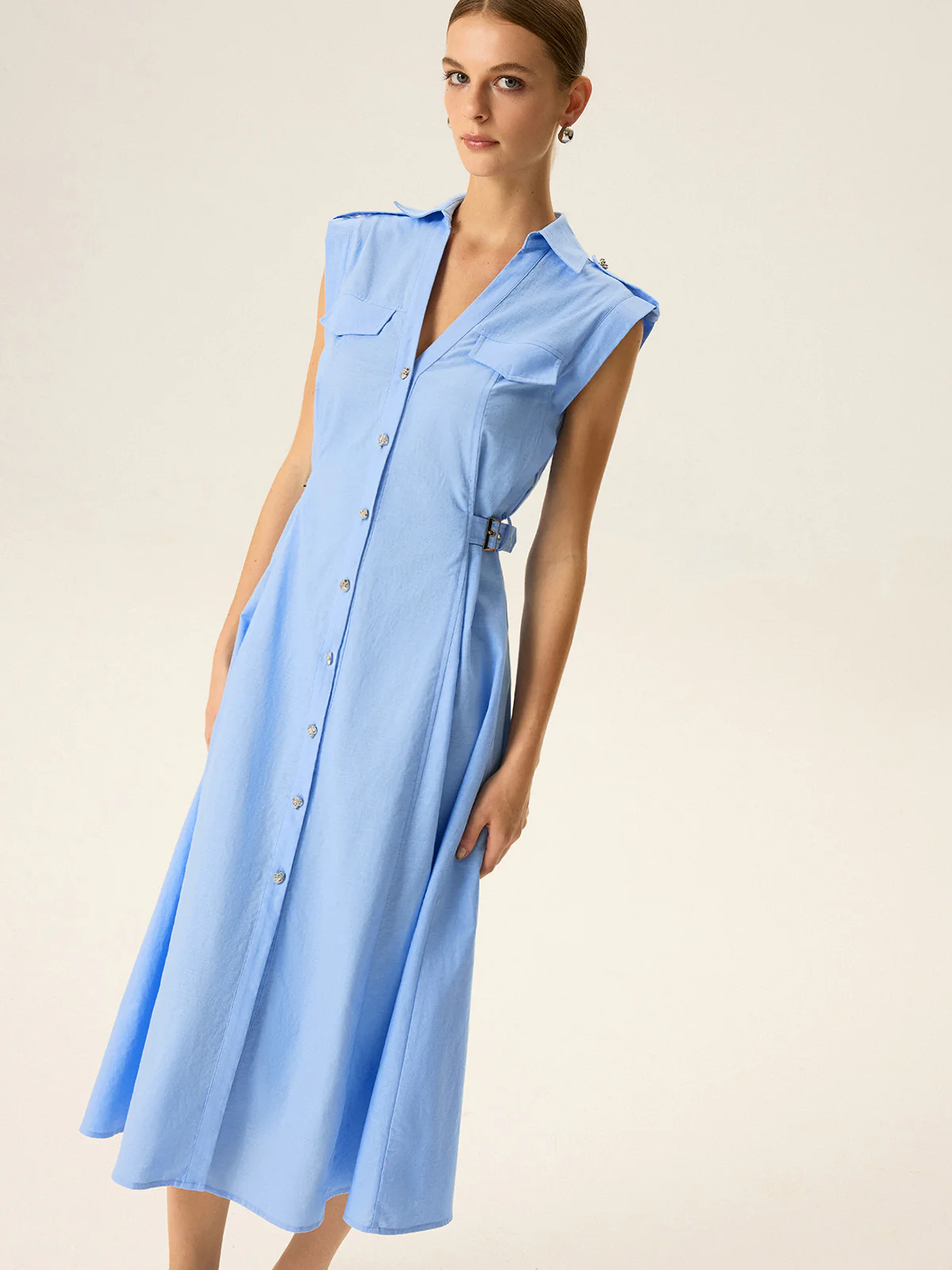 Linen & Cotton V-Neck Midi Dress with Metal Button - Wholesalesil