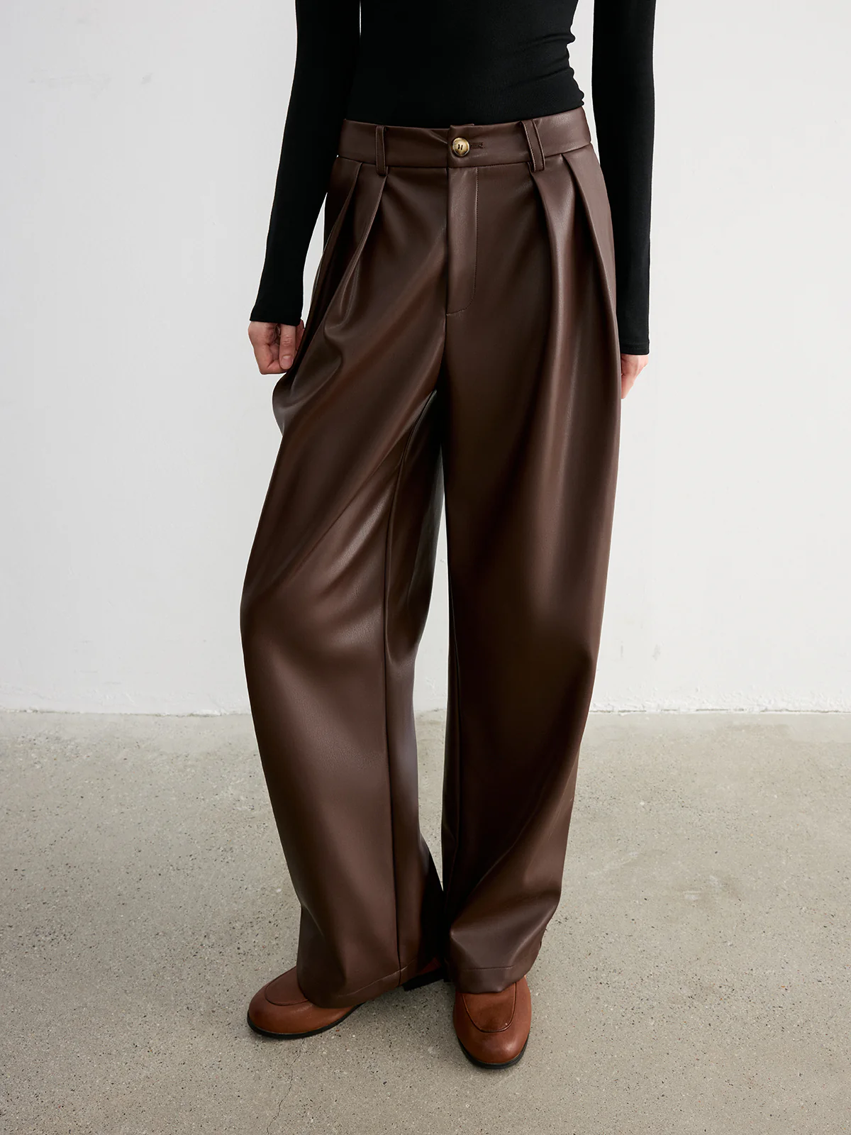 Mid-Waist Faux Leather Wide-Leg Pants - Wholesalesil