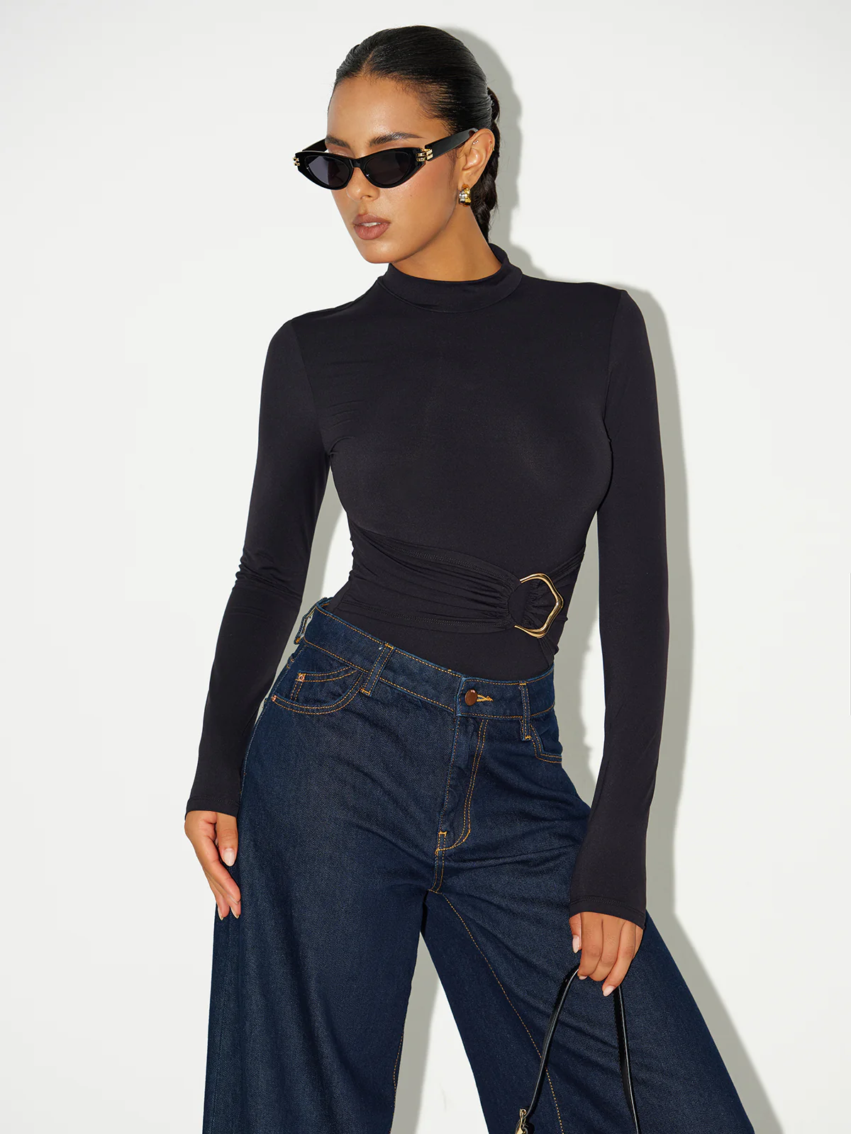 Metal Buckle Stand Collar Long Sleeve Bodysuit - Wholesalesil