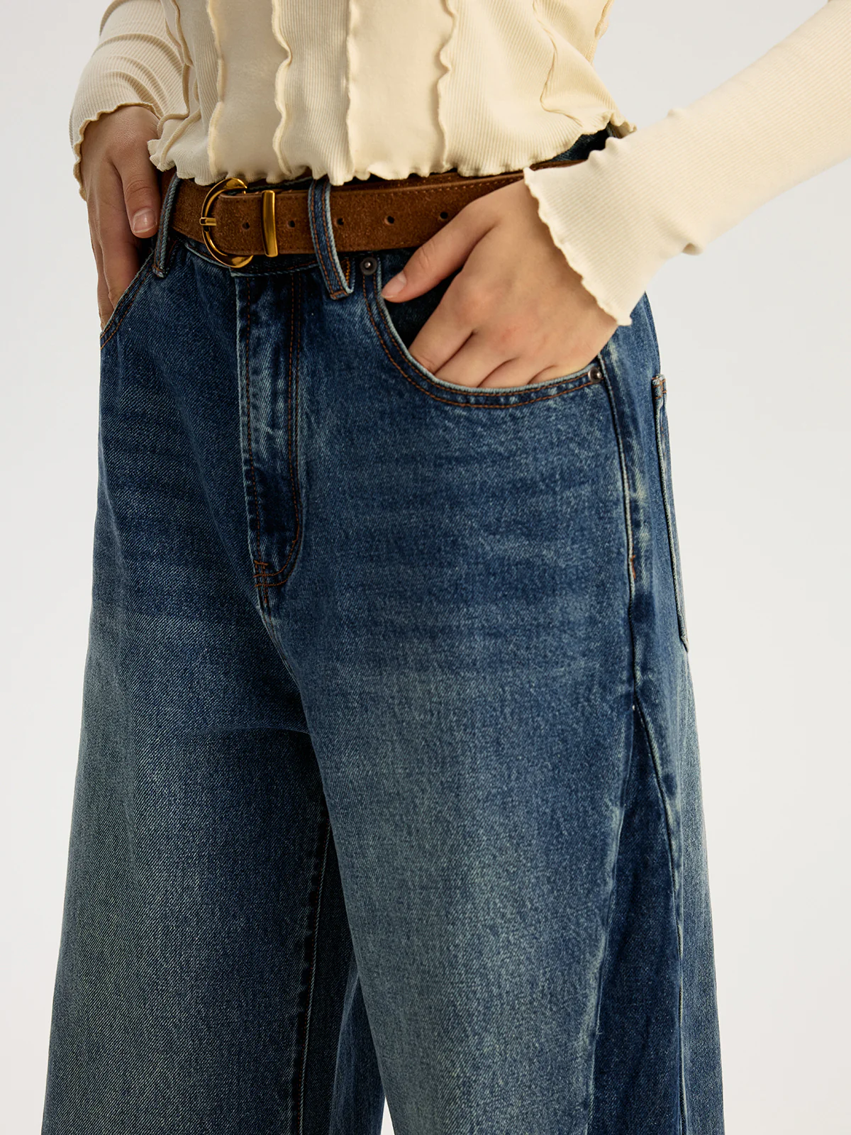 Low Rise Two Tone Ultra Wide Leg Jeans - Wholesalesil