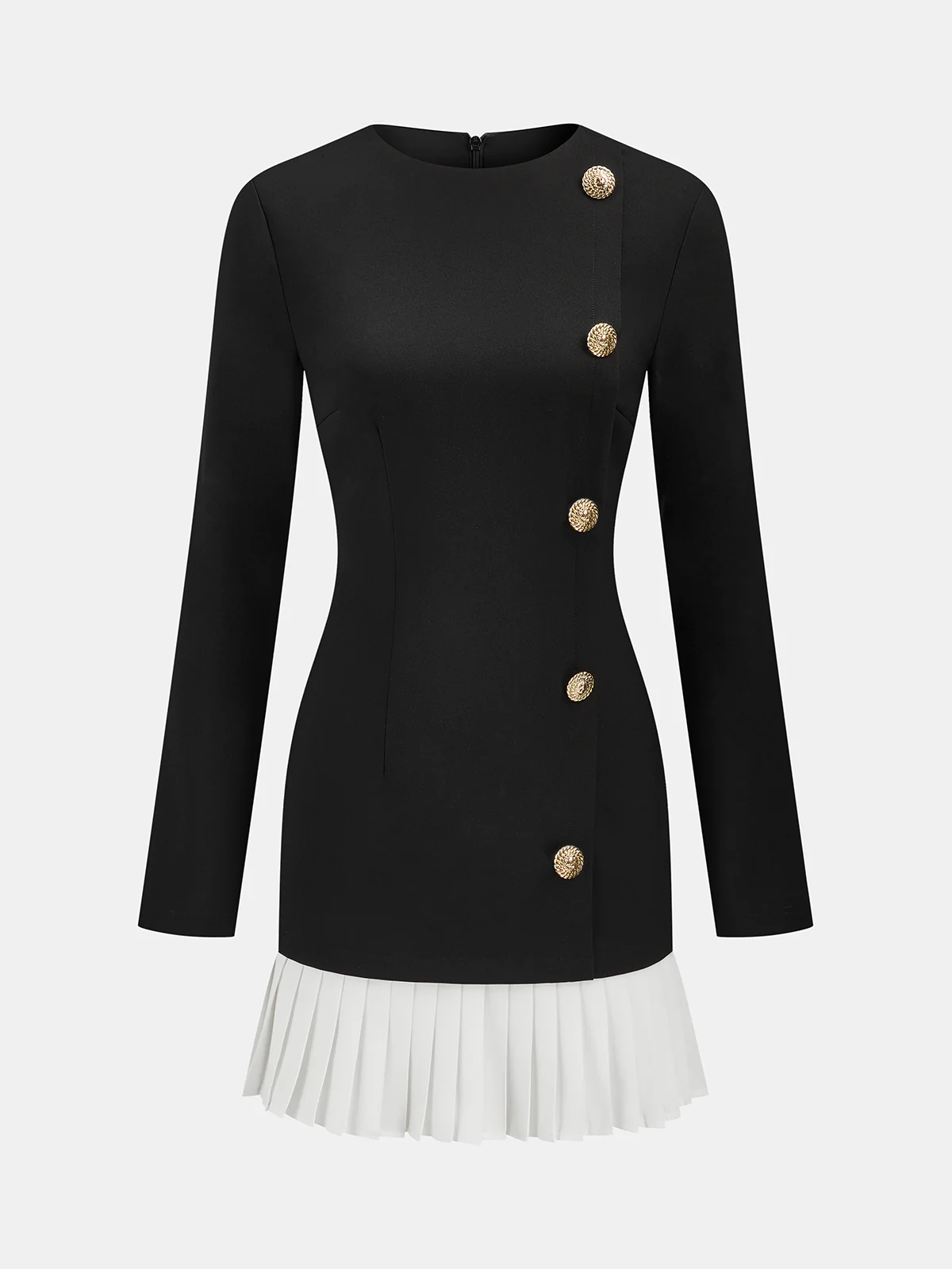 Pleated Hem Panel Asymmetric Metal Detail Mini Dress - Wholesalesil