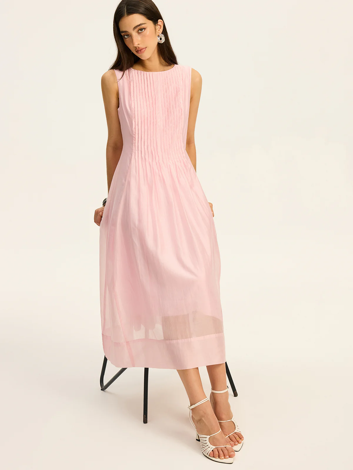 Semi-Sheer Tencel Pleated Sleeveless Midi Dress - Wholesalesil