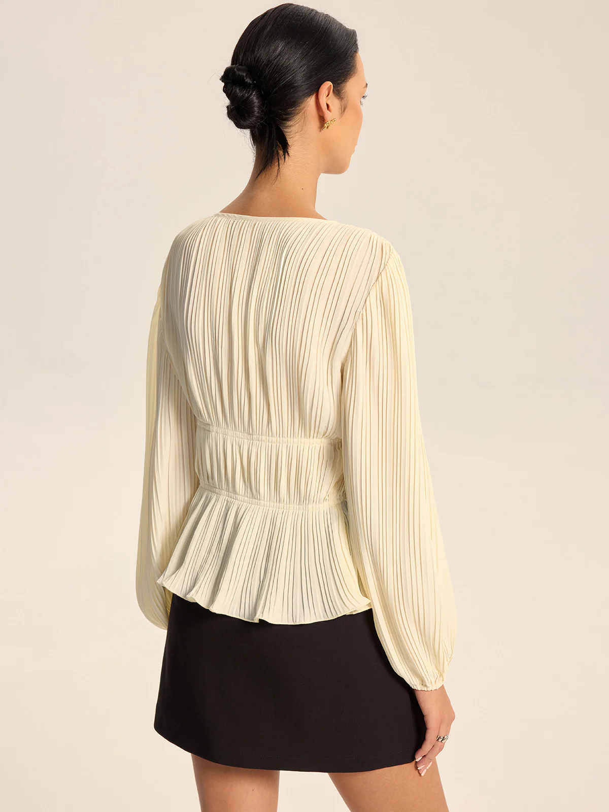 Pleated V-Neck Bow Blouse - Wholesalesil