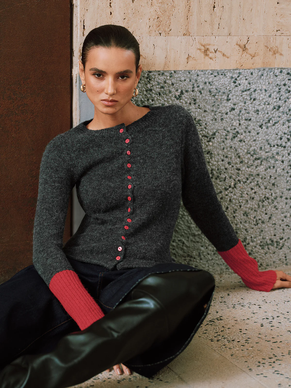 Contrast Cuff Wool-Blend Cardigan - Wholesalesil