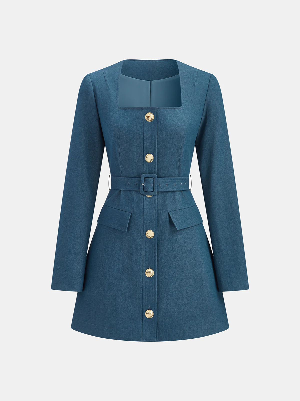 Square-Neck Belted Metal Button Mini Dress - Wholesalesil