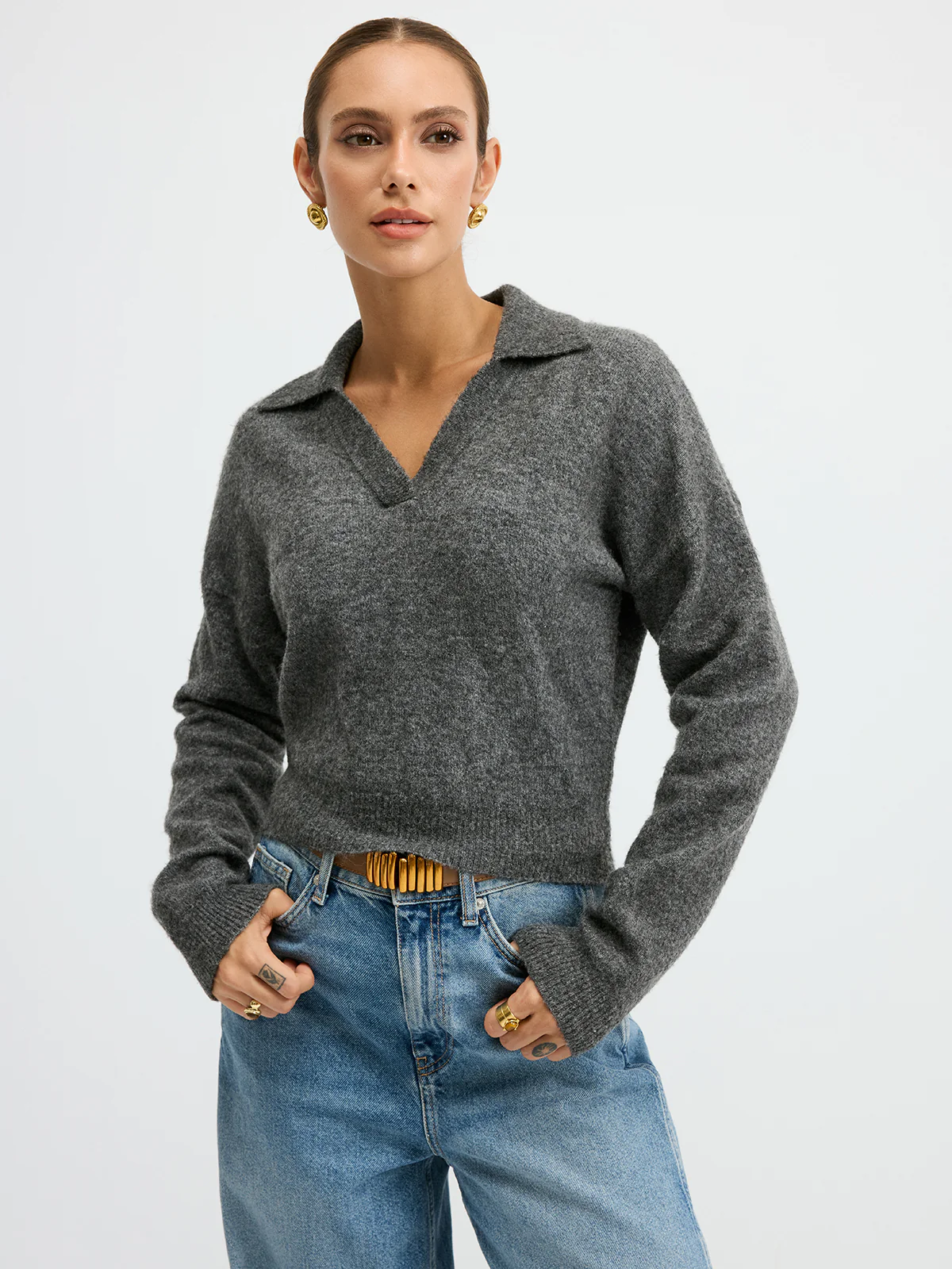 Wool Blend Polo Collar Casual Sweater - Wholesalesil