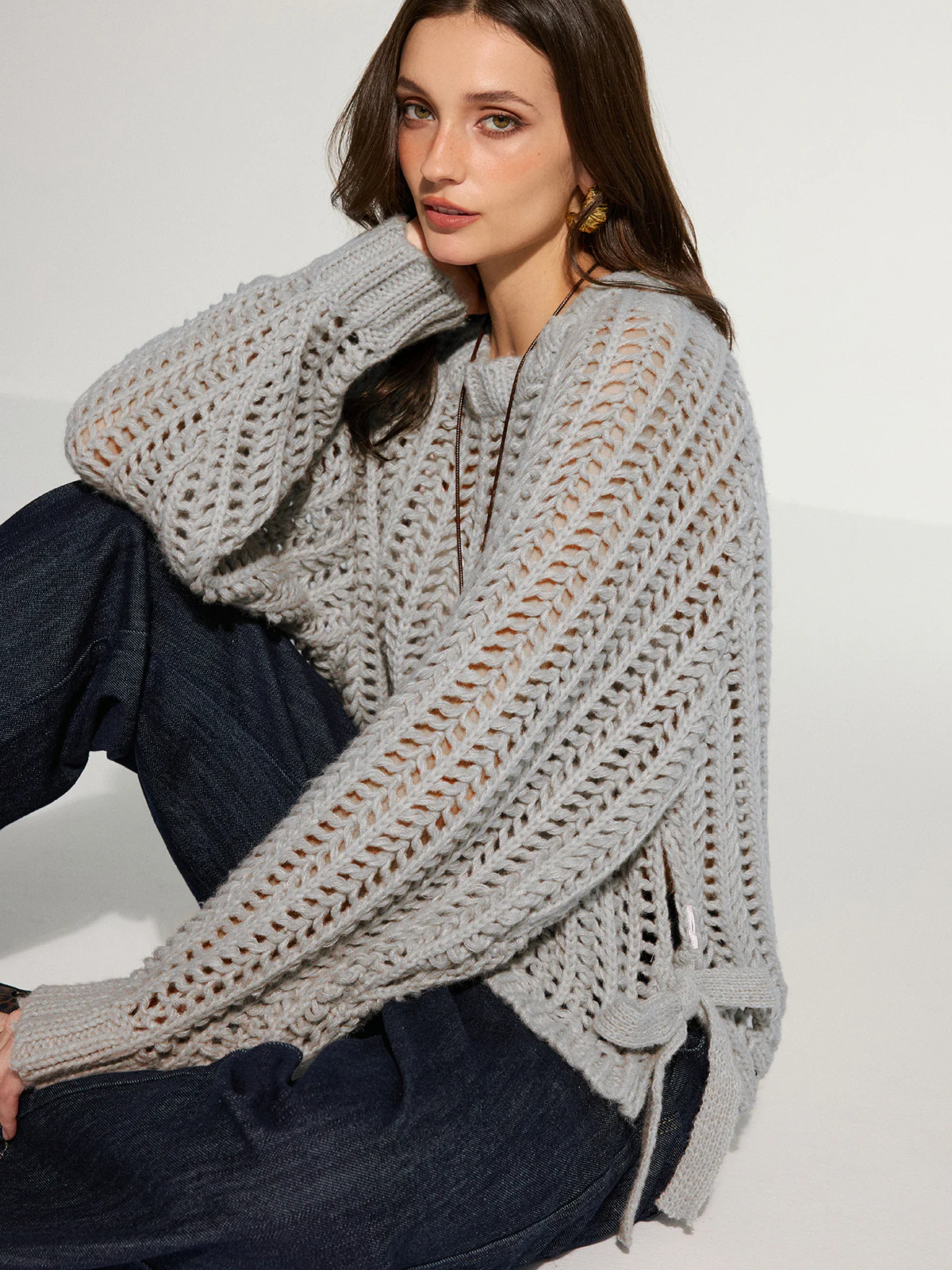 Side Tie Oversized Open-Knit Sweater - Wholesalesil