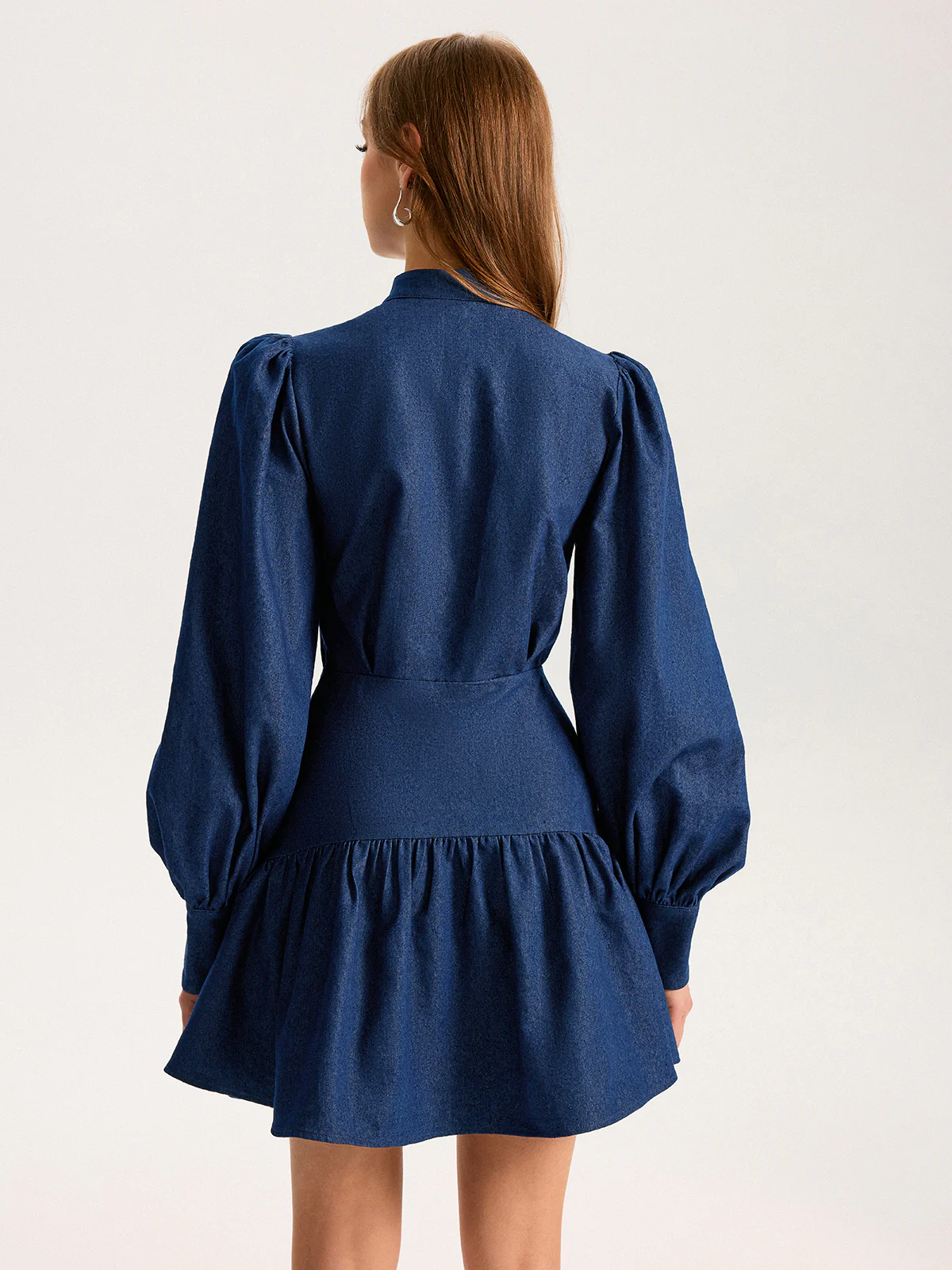 Denim Stand Collar Puff Sleeve Mini Dress - Wholesalesil