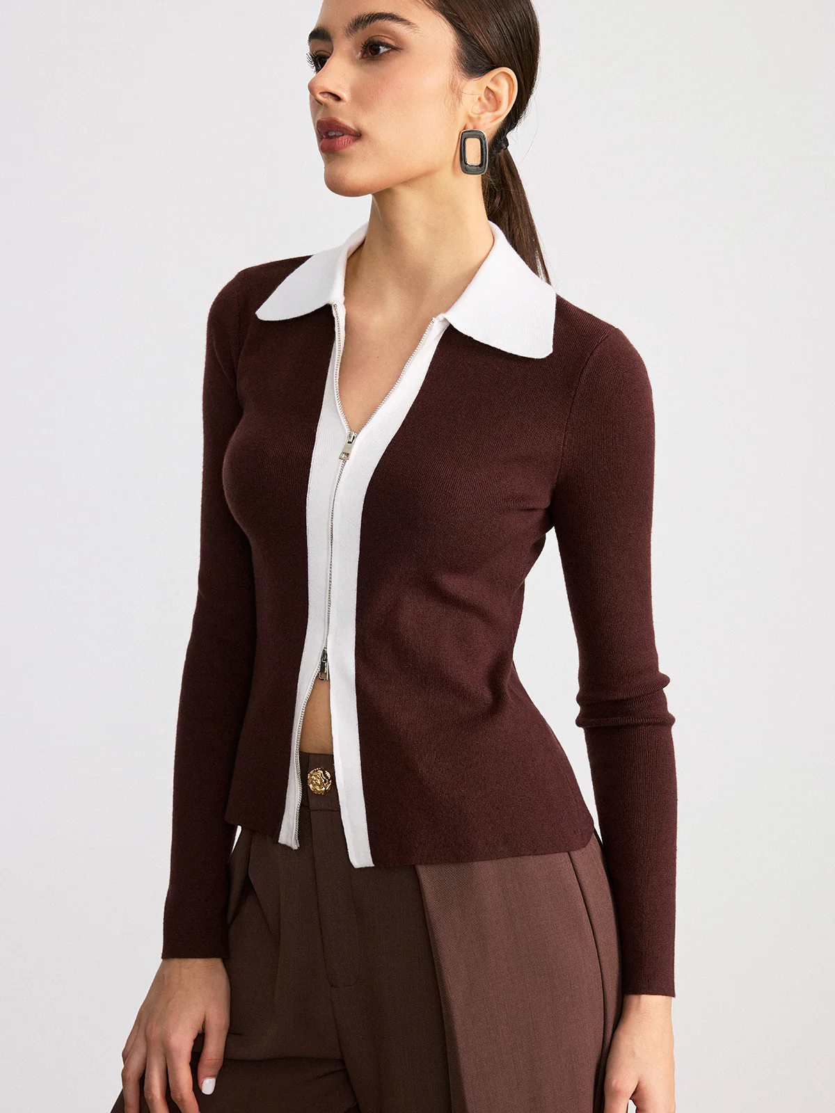 Contrast Collar Wool Blend Zip-Up Cardigan - Wholesalesil