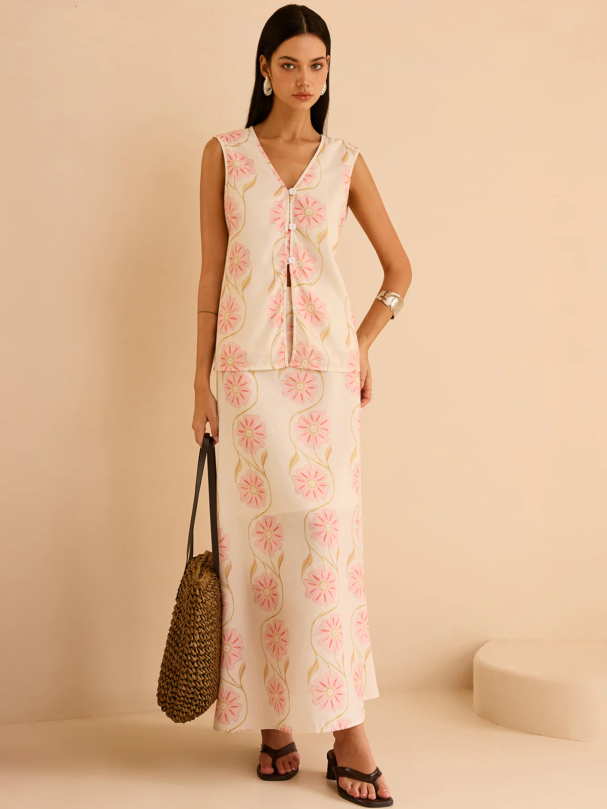 Floral Print Sleeveless Vest - Wholesalesil