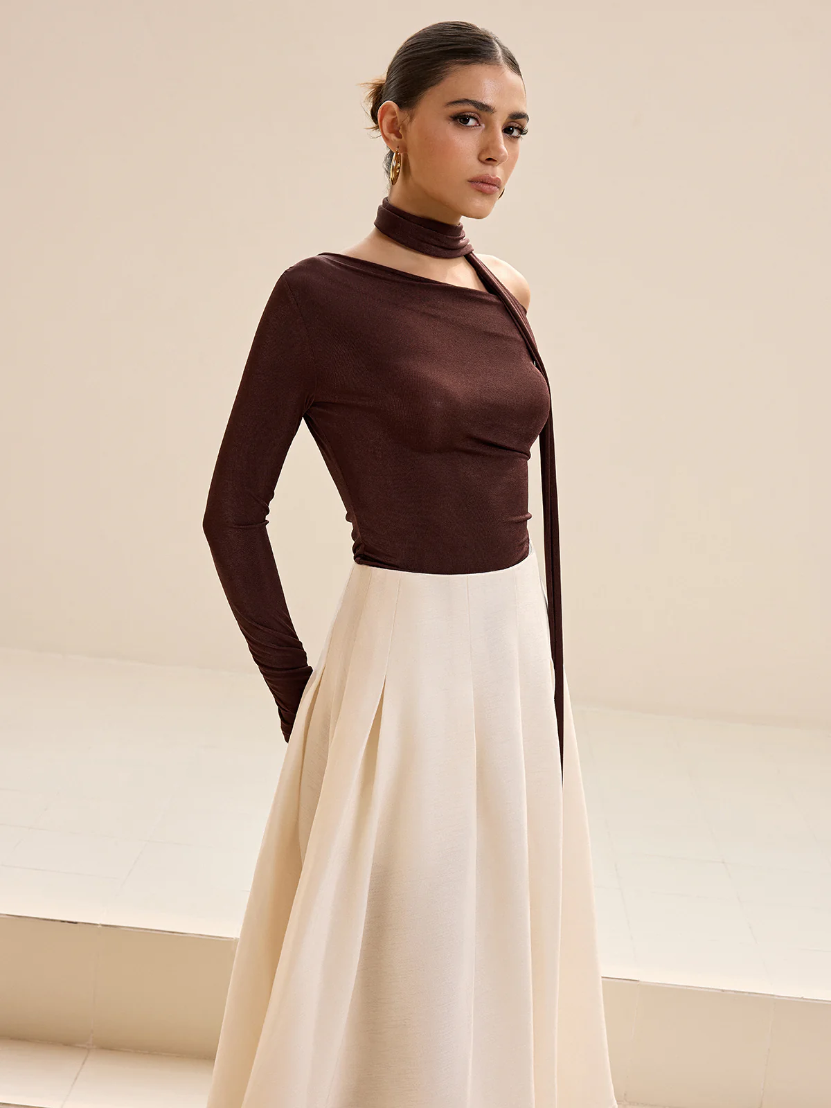 Asymmetric Neck Tie Detail Long-Sleeve T-Shirt - Wholesalesil