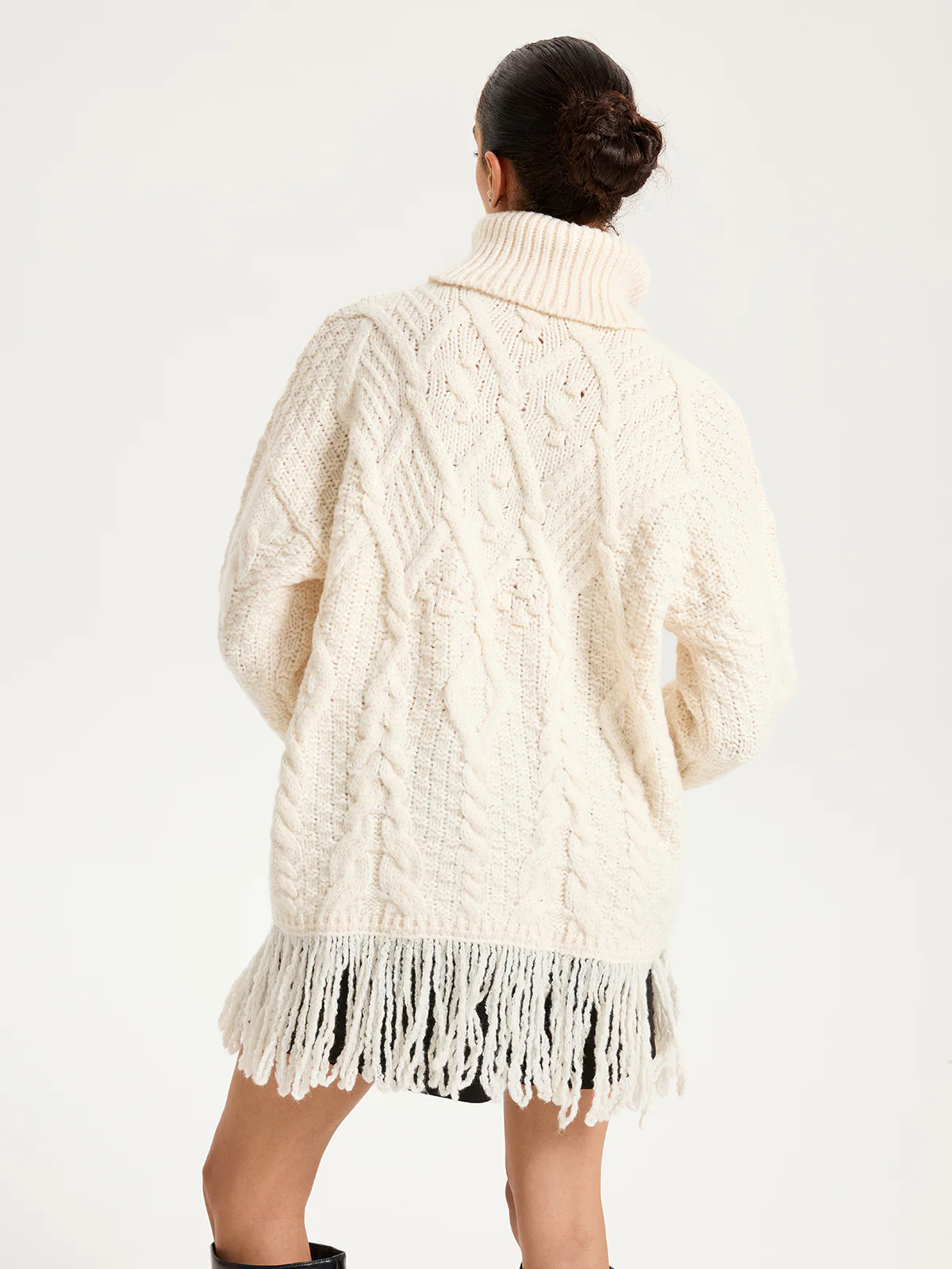 Fringe Hem Cable-Knit Turtleneck Sweater - Wholesalesil