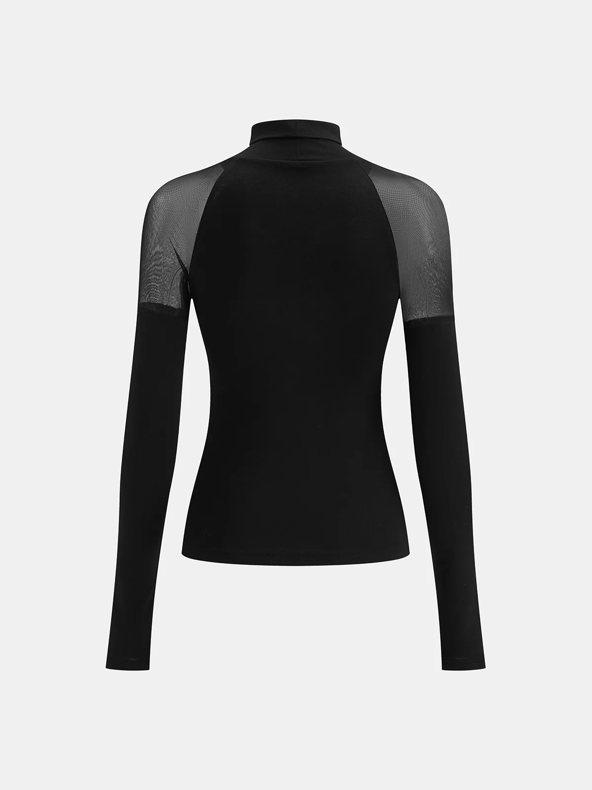 Sheer Mesh Shoulder Turtleneck Long Sleeve Top - Wholesalesil