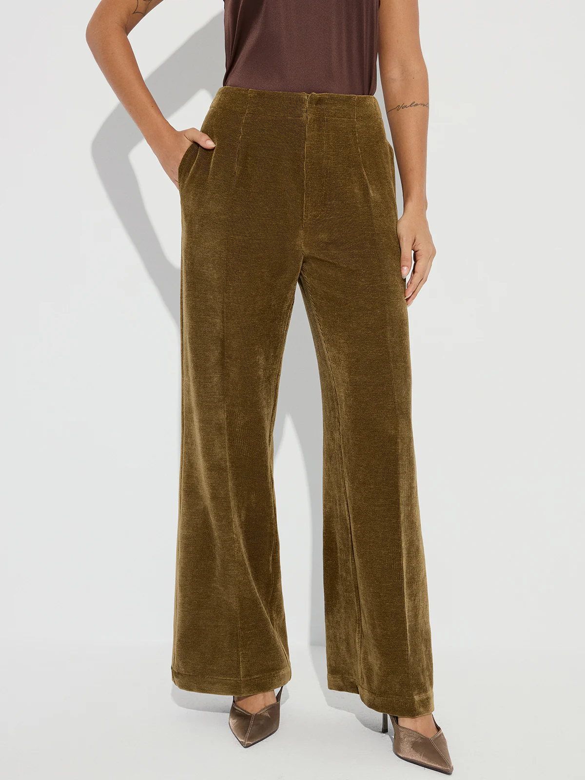 Mid-Waist Velvet Wide-Leg Pants - Wholesalesil